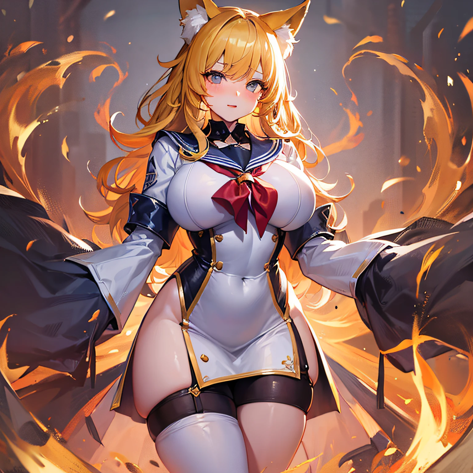 Absolutely beautiful fox girl, perfect slim body, mature royal sister face, yellow hair, large curly hair, sailor suit, sexy and seductive, beautiful face, full body portrait, standing pose, 4K picture quality, big body, feminine expression, blush shyness, deep eyes, huge breasts, short skirt, battle fire magic. The bust is huge