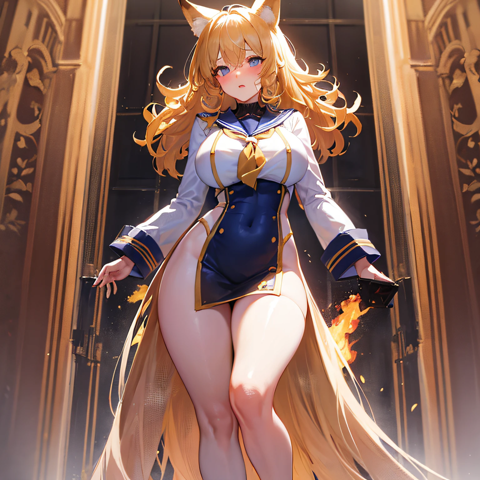 Absolutely beautiful fox girl, perfect slim body, mature royal sister face, yellow hair, large curly hair, sailor suit, sexy and seductive, beautiful face, full body portrait, standing pose, 4K picture quality, big body, feminine expression, blush shyness, deep eyes, huge breasts, short skirt, battle fire magic. The bust is huge