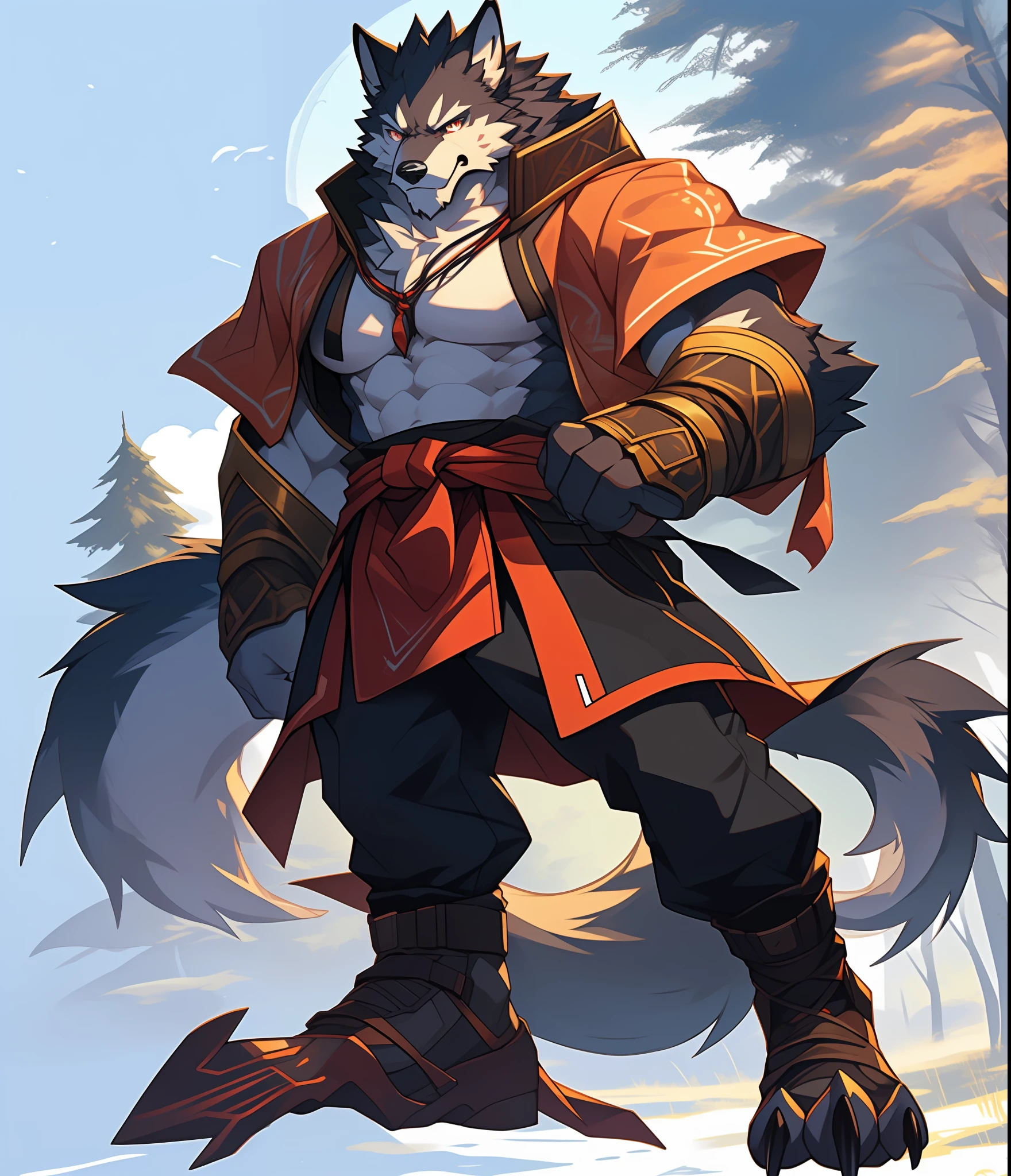 Furry muscular werewolf male wearing only pants, furry art, muscular werewolf, High resolution committee, 1boy, full body committee, delicate eyes, pupil color is orange-gold, Furry color black, right arm with elbow pads, elbow pads are golden-brown, expression fierce, tsundere, furry anime, Fursona furry art committee, Furry Flsona, Gorgeous werewolf Flsona, Furry chest, crossed waist with one hand, Furry art, A long furry wolf tail, staring at the screen, Sharp claws, two legs, standing on both feet, human wolf, as a character in Iron Fist, Flsona Art, Background, Forest Path