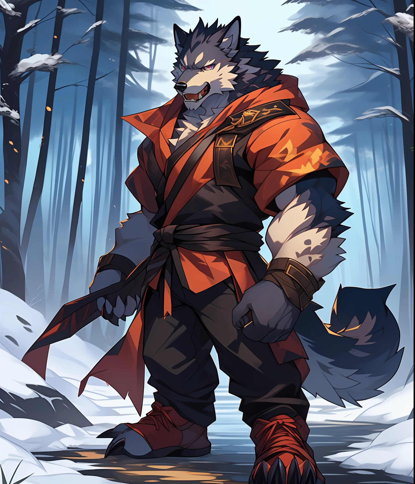 Furry muscular werewolf male wearing only pants, furry art, muscle werewolf, high resolution committee, full body committee, delicate eyes, pupil color is orange-gold, furry color black, furry anime, fluffy art council, furry fleurna, gorgeous werewolf flsona, furry, one-handed waist, furry art, expression fierce, tsundere, 1boy, a long furry wolf tail with fangs in the mouth, staring at the screen, sharp claws, two legs, standing on both feet, the human wolf, as a character in Iron Fist, Flsona art, background, forest path