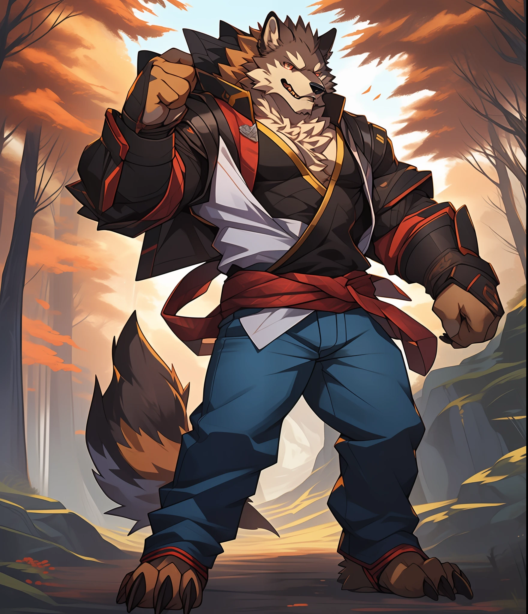 Furry muscular werewolf male wearing only pants, furry art, muscular werewolf, High resolution committee, 1boy, full body committee, delicate eyes, pupil color is orange-gold, Furry color black, right arm with elbow pads, elbow pads are golden-brown, expression fierce, tsundere, furry anime, Fursona furry art committee, Furry Flsona, Gorgeous werewolf Flsona, Furry chest, crossed waist with one hand, Furry art, A long furry wolf tail, staring at the screen, Sharp claws, two legs, standing on both feet, human wolf, as a character in Iron Fist, Flsona Art, Background, Forest Path