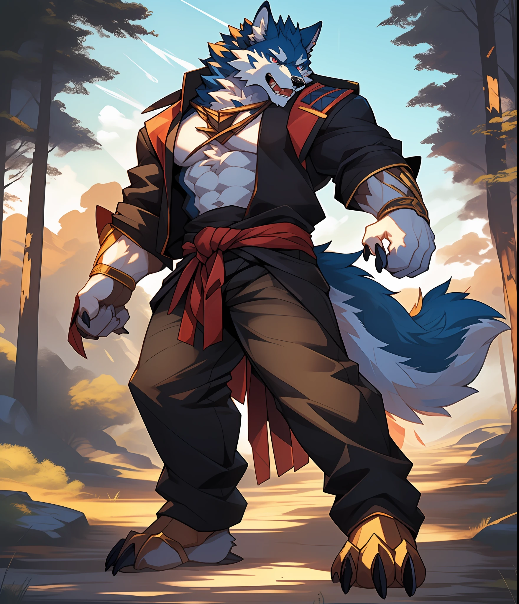 Furry muscular werewolf male wearing only pants, furry art, muscle werewolf, high resolution committee, full body committee, delicate eyes, pupil color is orange-gold, furry color black, furry anime, fluffy art council, furry fleurna, gorgeous werewolf flsona, furry, one-handed waist, furry art, expression fierce, tsundere, 1boy, a long furry wolf tail with fangs in the mouth, staring at the screen, sharp claws, two legs, standing on both feet, the human wolf, as a character in Iron Fist, Flsona art, background, forest path