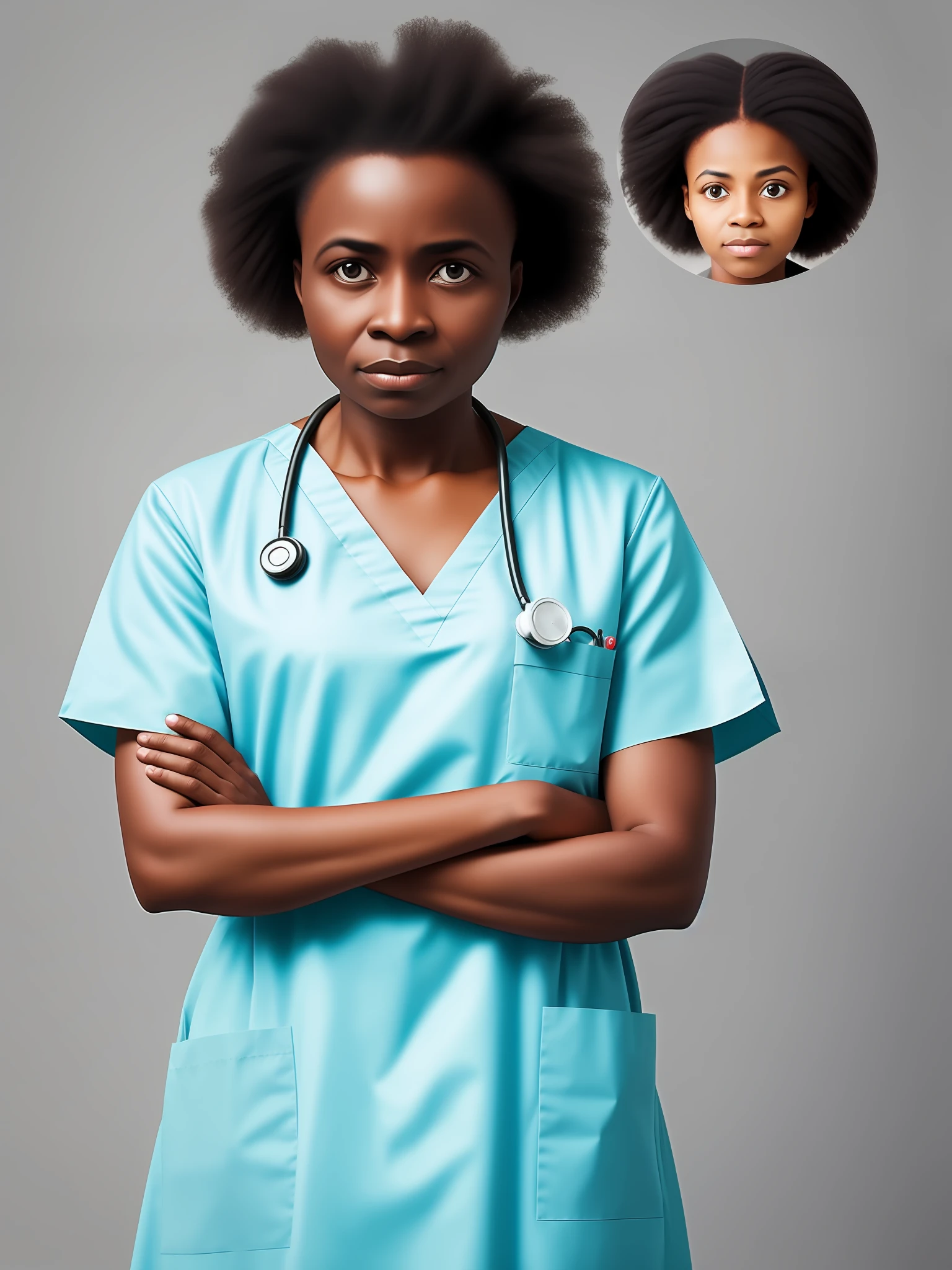 Create an image of a middle-aged 30-year-old African nurse, wearing a 3-year-old half-old gown, disheveled hair