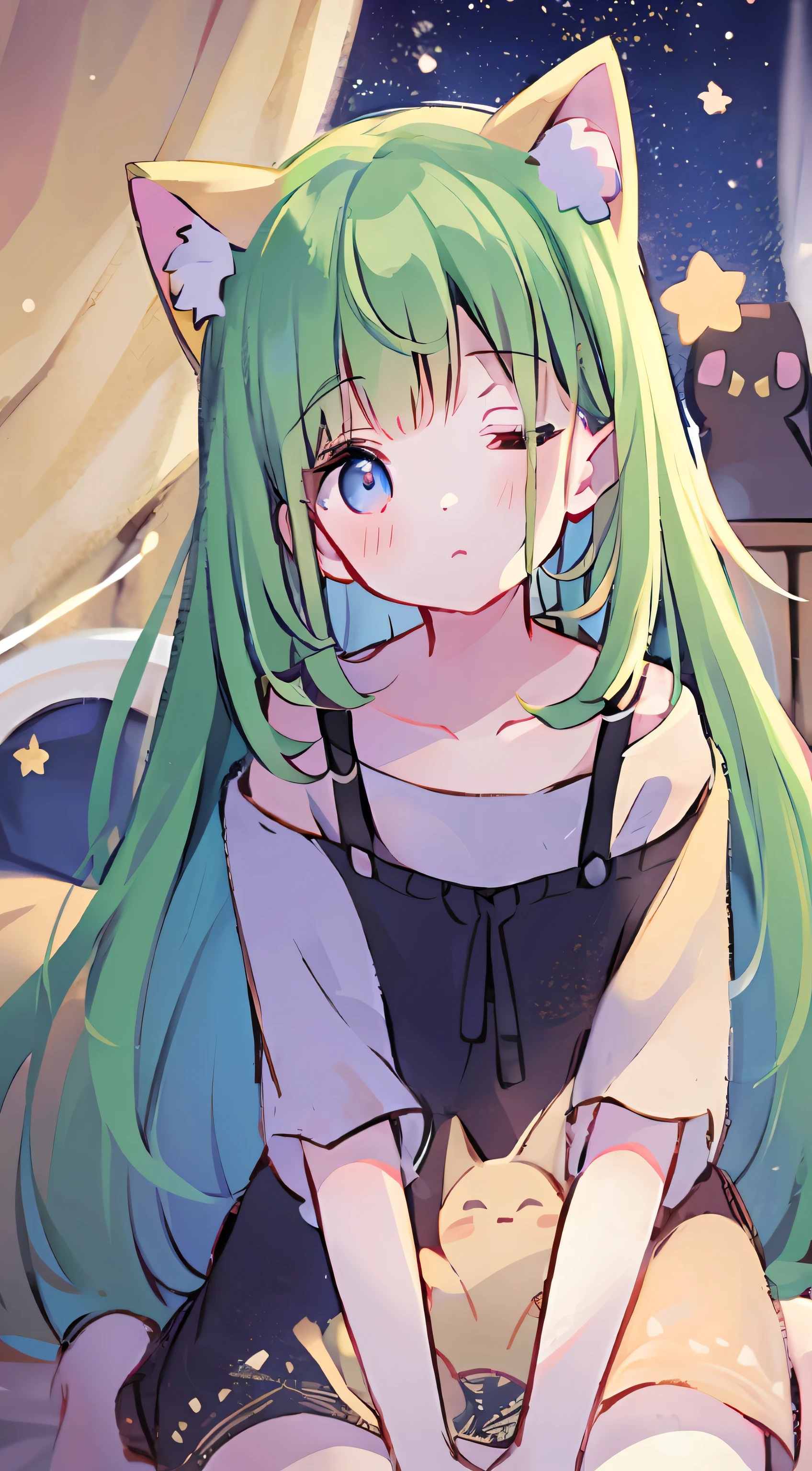 Top quality, masterpiece, super high resolution, pretty facial features, flat design, yellow theme,
One girl, light beige hair, indigo eyes, (sleepy eyes: 1.1), (cute yellow night dress), cute, one hand on face, bedtime, disheveled long hair, green hair, cat ears
(simple dark background), giant stars shining in the dark, bedroom, cure, ziyu,