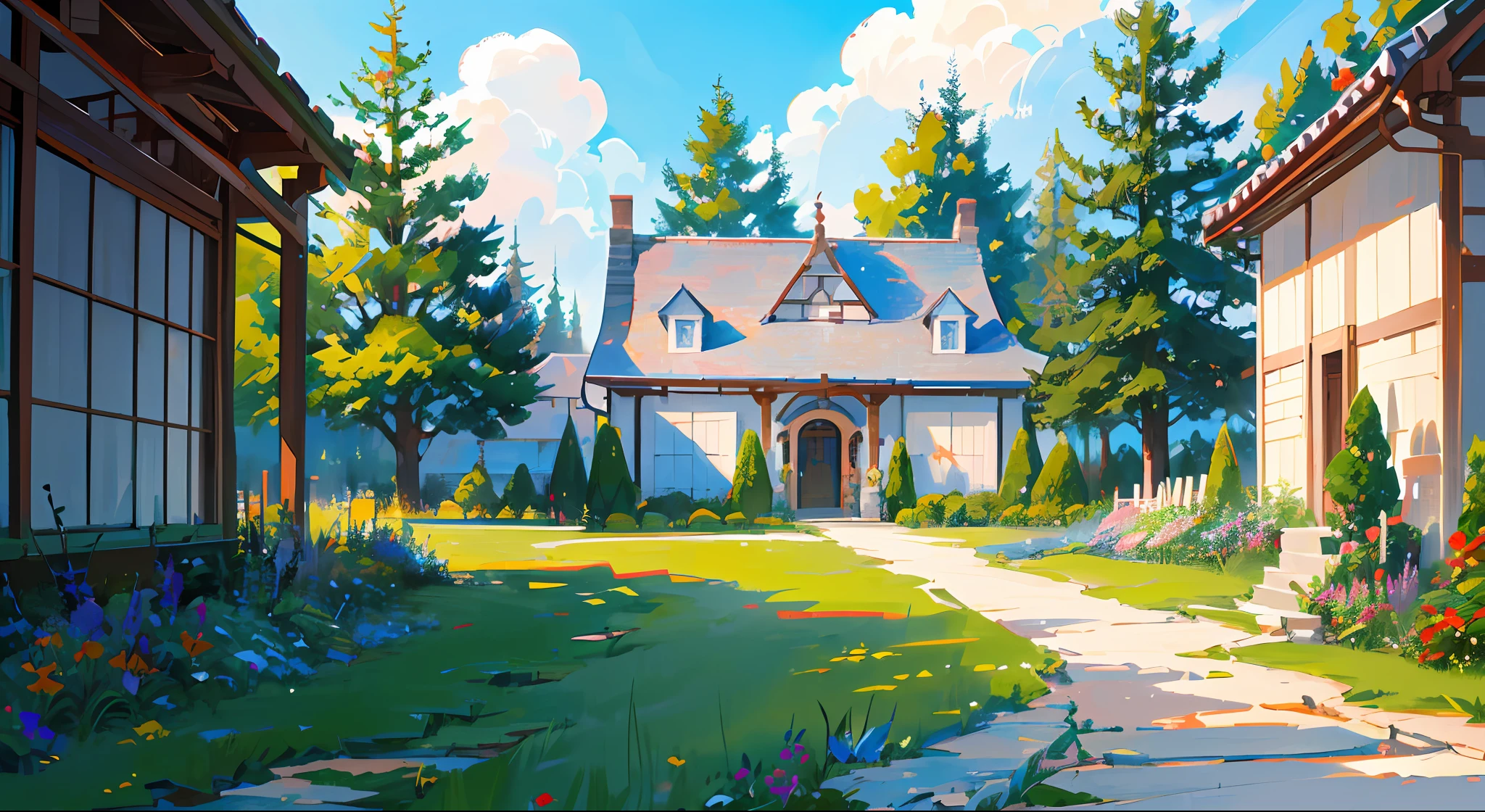 masterpiece, top quality, official art, highly detailed CG Unity 8K wallpaper, outdoors, animals, spring (season), beautiful sky, Studio Ghibli, garden, village,