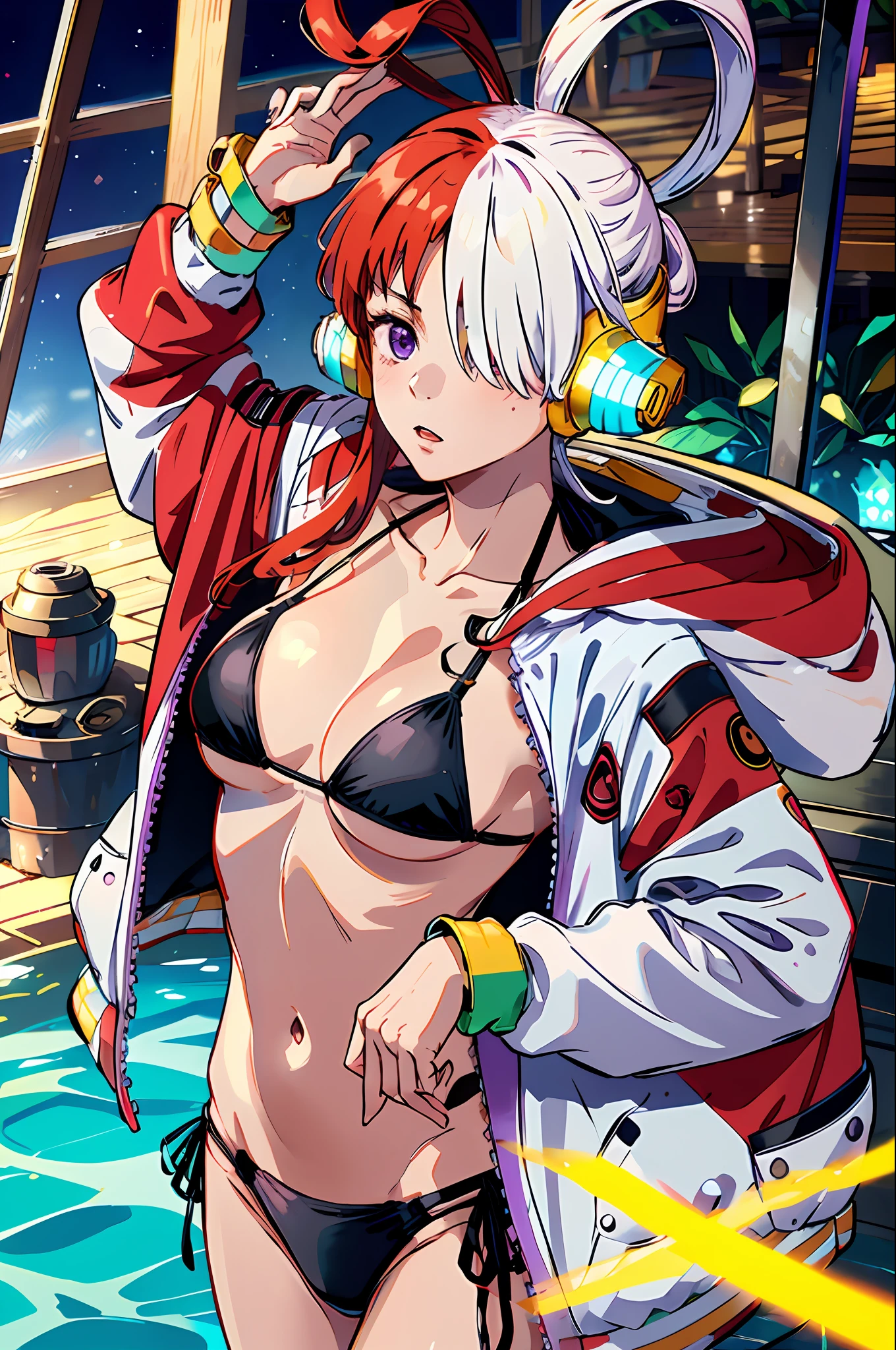 masterpiece, best quality, highres, 1girl, split-color hair, hair over one eye, red hair, multicolored hair, long hair, purple eyes, two-tone hair, hair rings, headphones, white hair, black ribbon, bangs, very long hair, medium breasts, long sleeeves, open jacket, bikini
