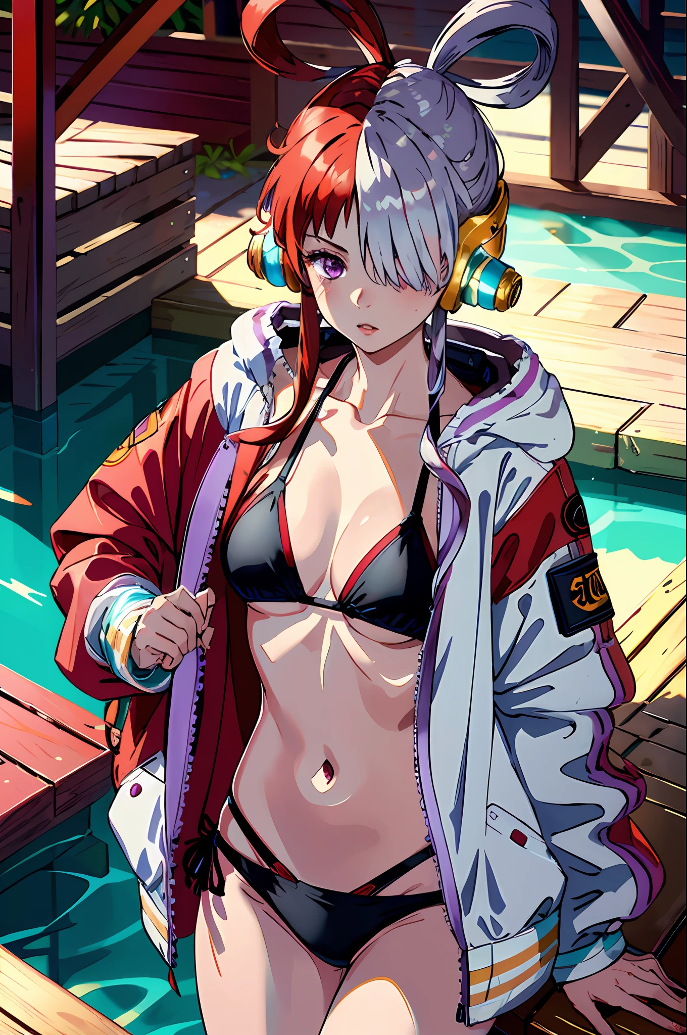 masterpiece, best quality, highres, 1girl, split-color hair, hair over one eye, red hair, multicolored hair, long hair, purple eyes, two-tone hair, hair rings, headphones, white hair, black ribbon, bangs, very long hair, medium breasts, long sleeeves, open jacket, bikini