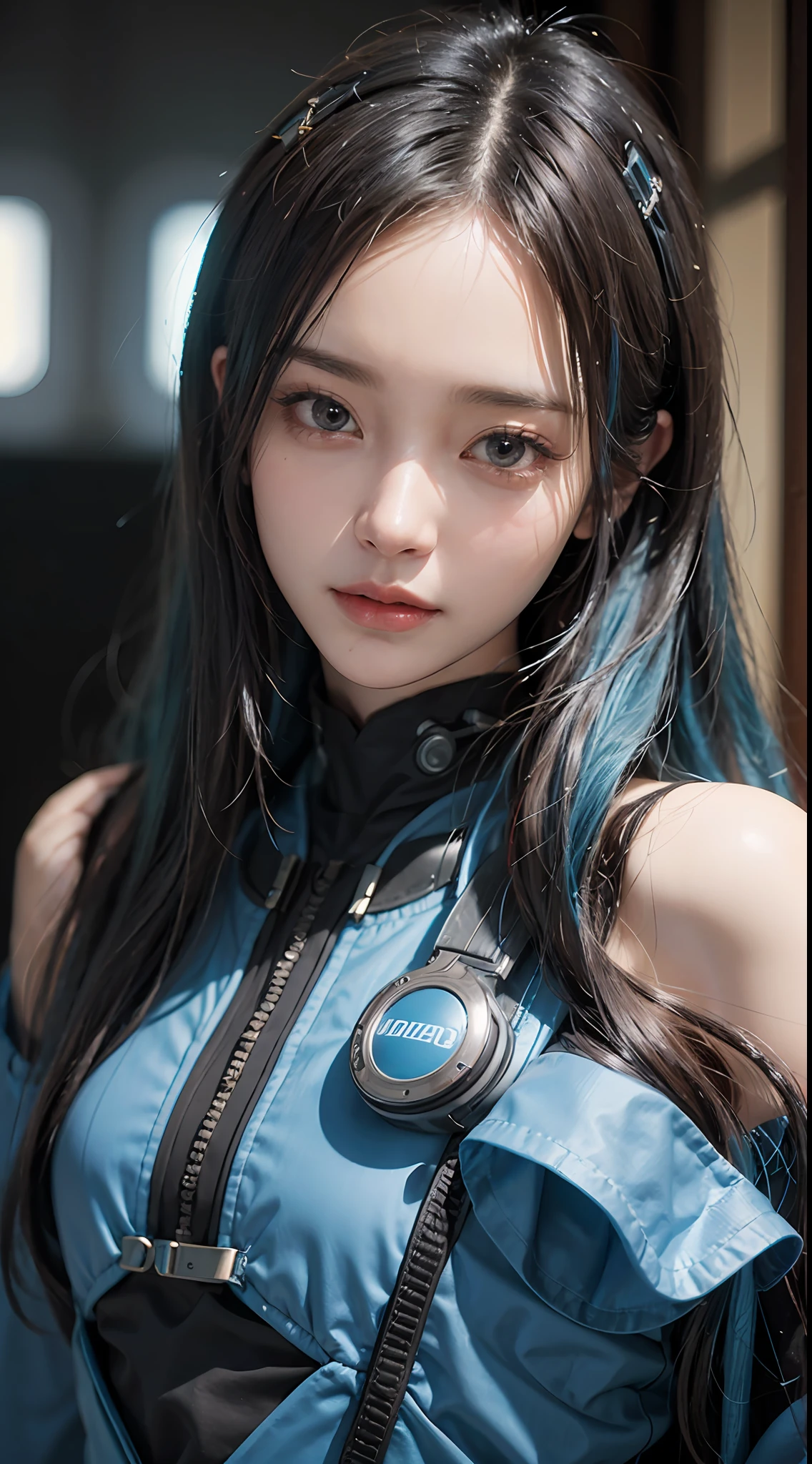 Masterpiece, 1 Beautiful Girl, Detailed Eyes, Swollen Eyes, Top Quality, Ultra Definition, (Reality: 1.4), Movie Lighting, Japan People, Asian Beauty, Korean, Very Beautiful, Beautiful Skin, Slender, Forward-Facing Body, (Ultra Realistic), (High Definition), (8K), (Very Detailed), (Best Illustration), (Beautifully Detailed Eyes), (Ultra Detail), (Wallpaper), Detailed Face, Bright Lighting, Professional Lighting, Look at the viewer, looking straight ahead, blue android suit, cyberpunk ruins in the background, a lot of cords growing from the clothes, blue hair, small blue tattoo on face, long hair,