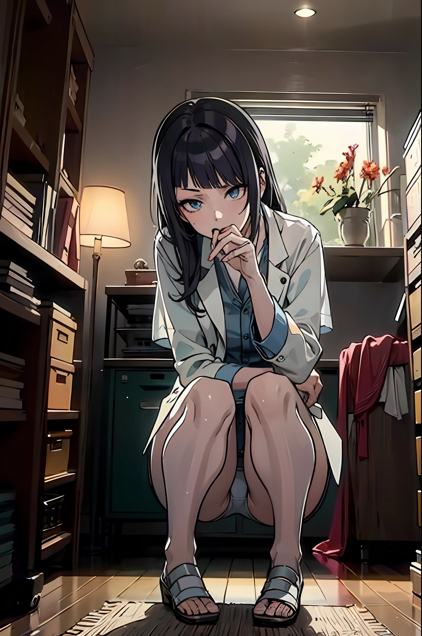 Great work, super high quality, super high quality, perfect composition, angle from the front, long black hair , female doctor, panties are fully visible, angry, naked in a lab coat, white panties, cracks visible, fishnet stockings, squatting, looking forward, in front of mouth, leaking pee, vibrator in panties, legs spread, visible, tanned skin