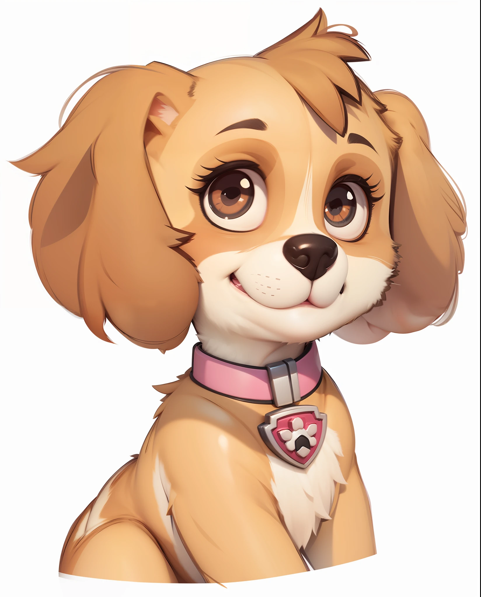 Paw Patrol Skye, cute puppy face, beautiful and fluffy, smiling, 3D rendering, hyper-detailing, hyper-realism