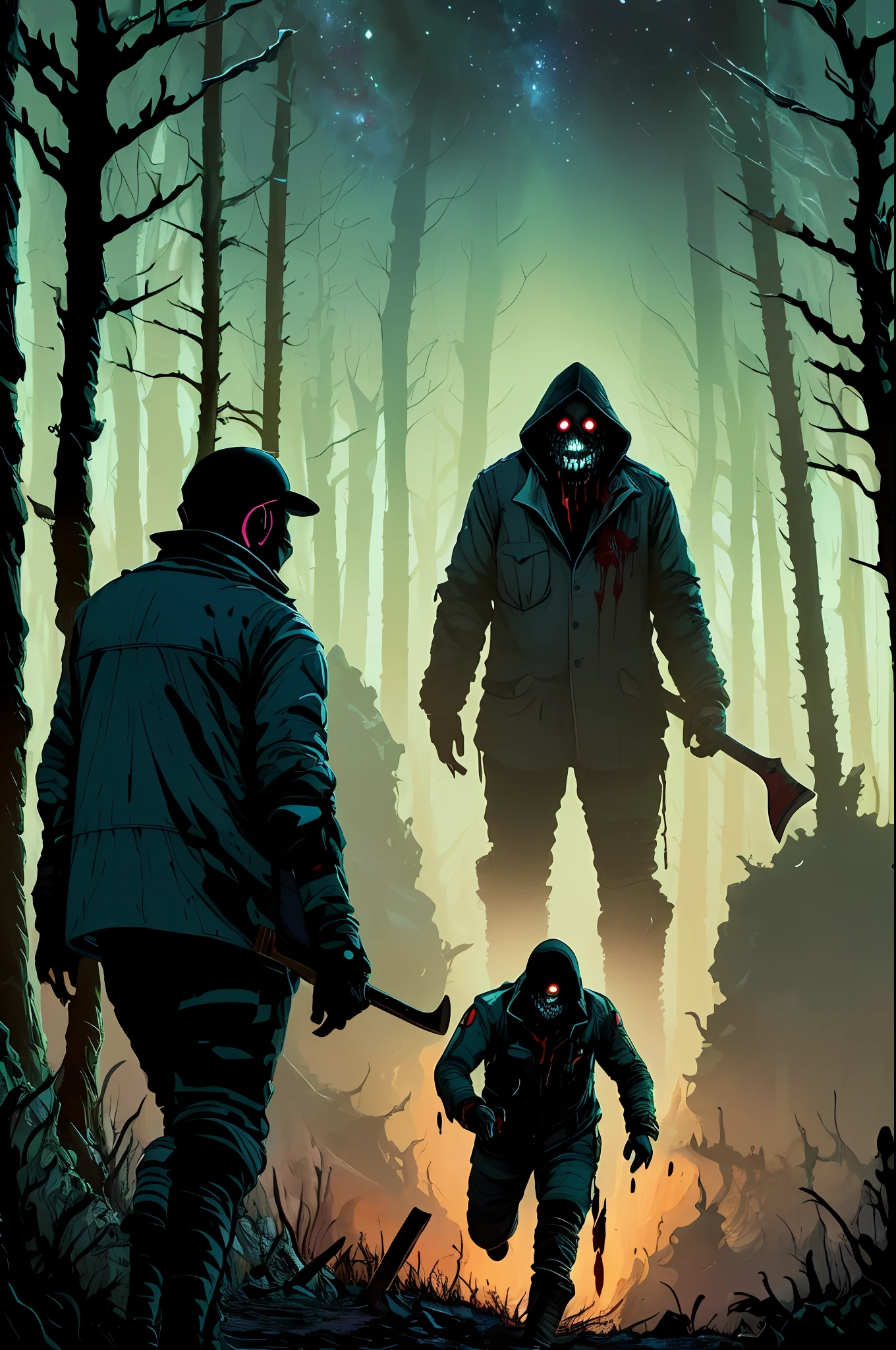 Middle-aged man with blood-stained axe and lumberjack clothes chasing young man in forest, war, horror, cosmic terror, dark tones, morbid atmosphere, nuclear disaster, dystopia, catastrophe, mysticism, occult, creepy,nightmare,blood,Apocalypse, Lovecraft, Anime by Kilian Eng