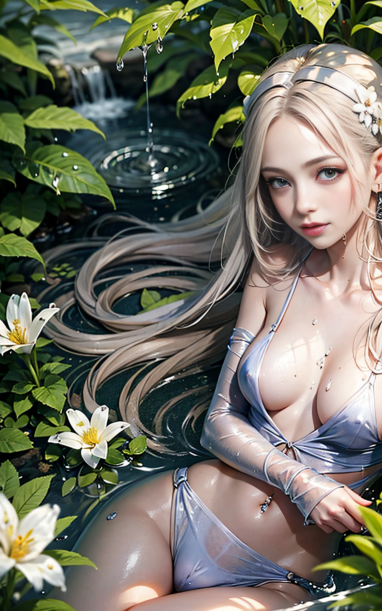 Elf, white skin like china, 20 year old woman, fantasy world, flowers on background, blurred background, side-string, piercing ears, wrapping wet thin white cloth around body, live action, f/1.8, 85mm, canon, high detail, high resolution, 8k, 16k, covering wet breasts with cloth, covering wet waist with a cloth, bathing, not wearing clothes, smiling, spring, sitting, scooping water, Chest up, angle from above, areola slip, flat chest, upper body