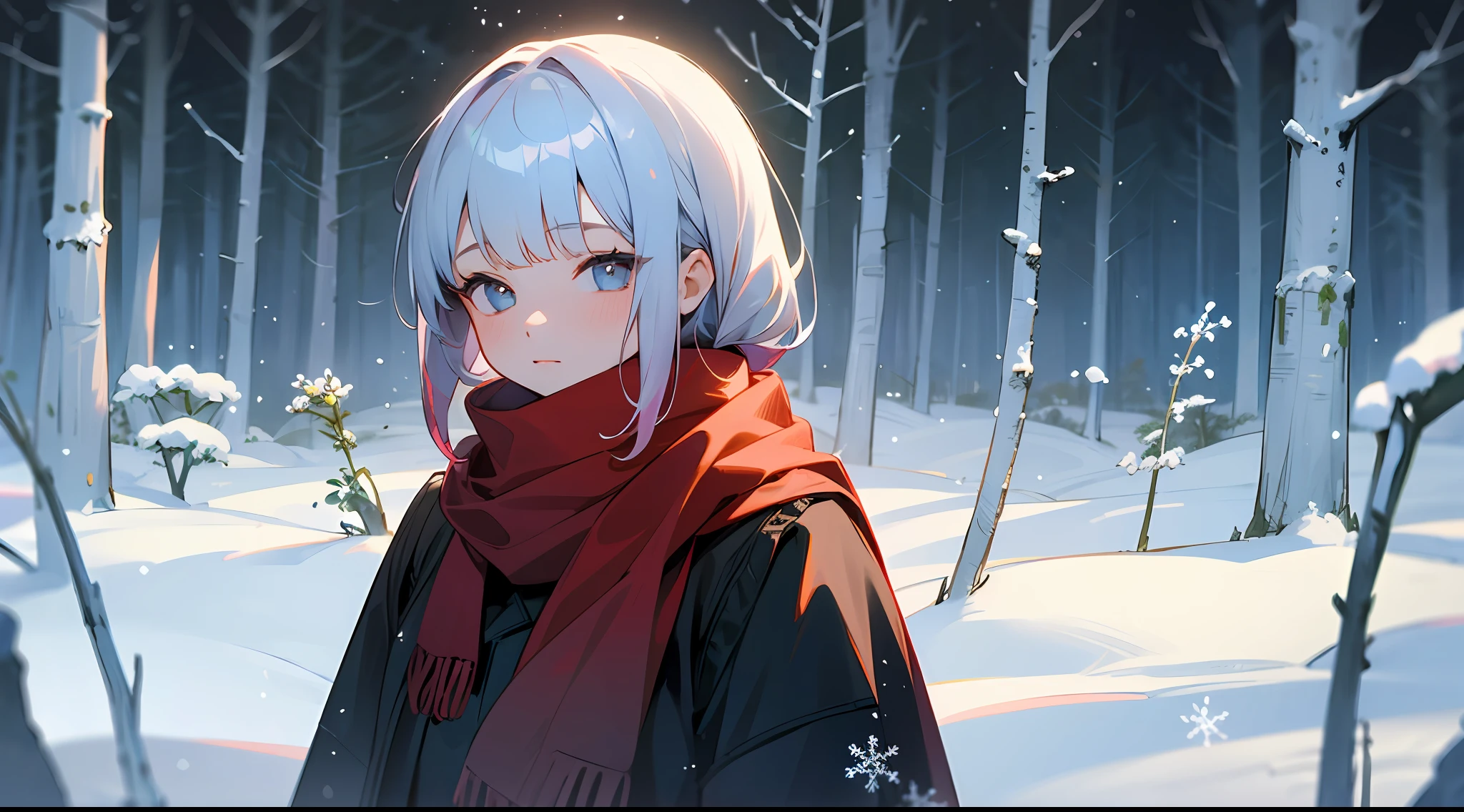 Upper body, vista, panorama, 1girl, gradient hair, red scarf, winter, forest, snowflake, plants