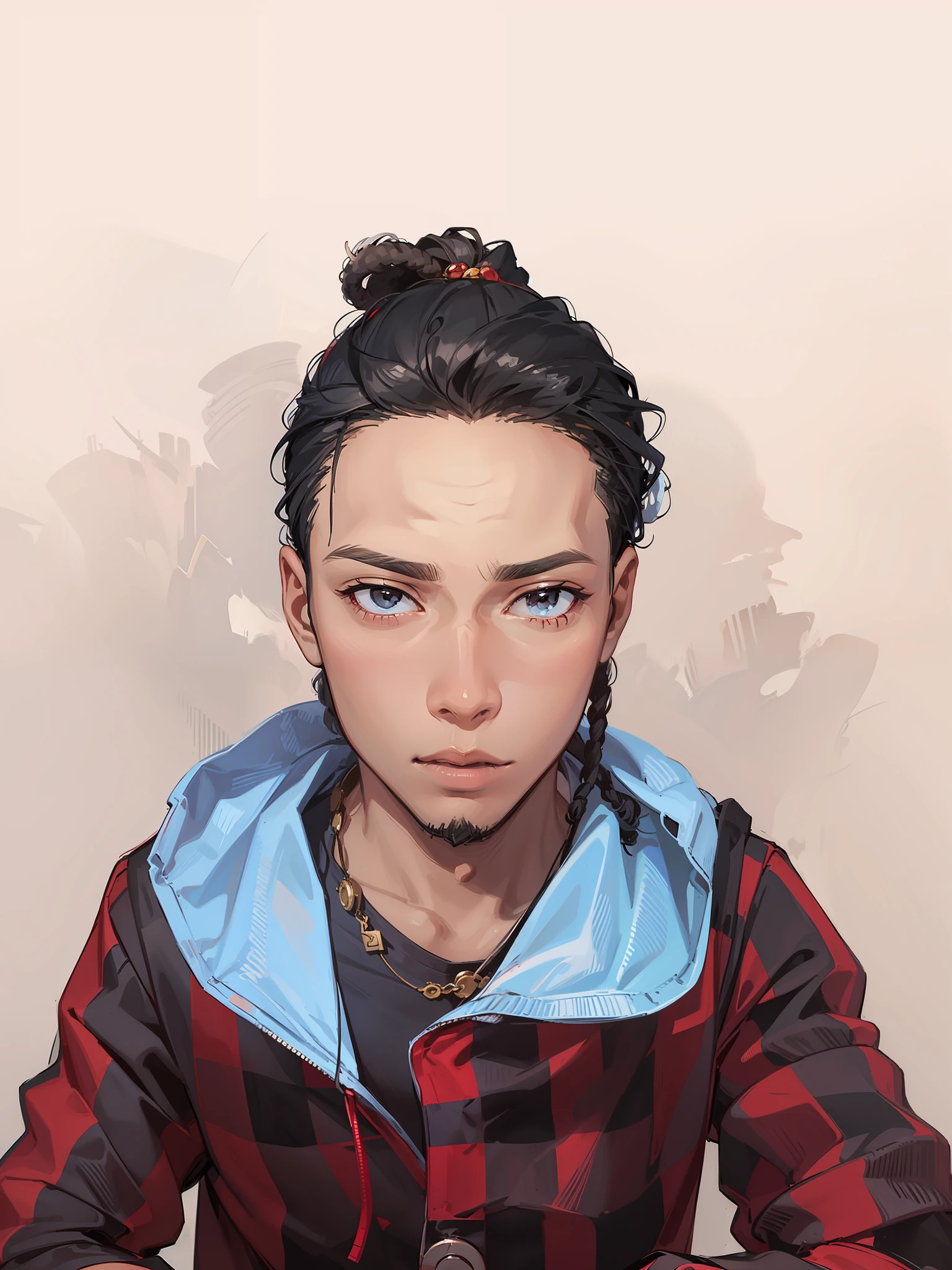 "Mixed race South African man with stylish dreadlocks, wearing a vibrant red and black shirt."