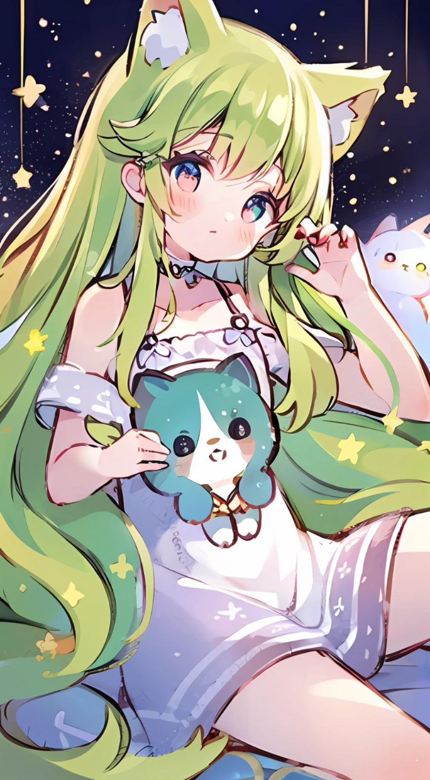 Top quality, masterpiece, super high resolution, pretty facial features, flat design, yellow theme,
One girl, light beige hair, indigo eyes, (sleepy eyes: 1.1), (cute yellow night dress), cute, one hand on face, bedtime, disheveled long hair, green hair, cat ears
(simple dark background), giant stars shining in the dark, bedroom, cure, ziyu,