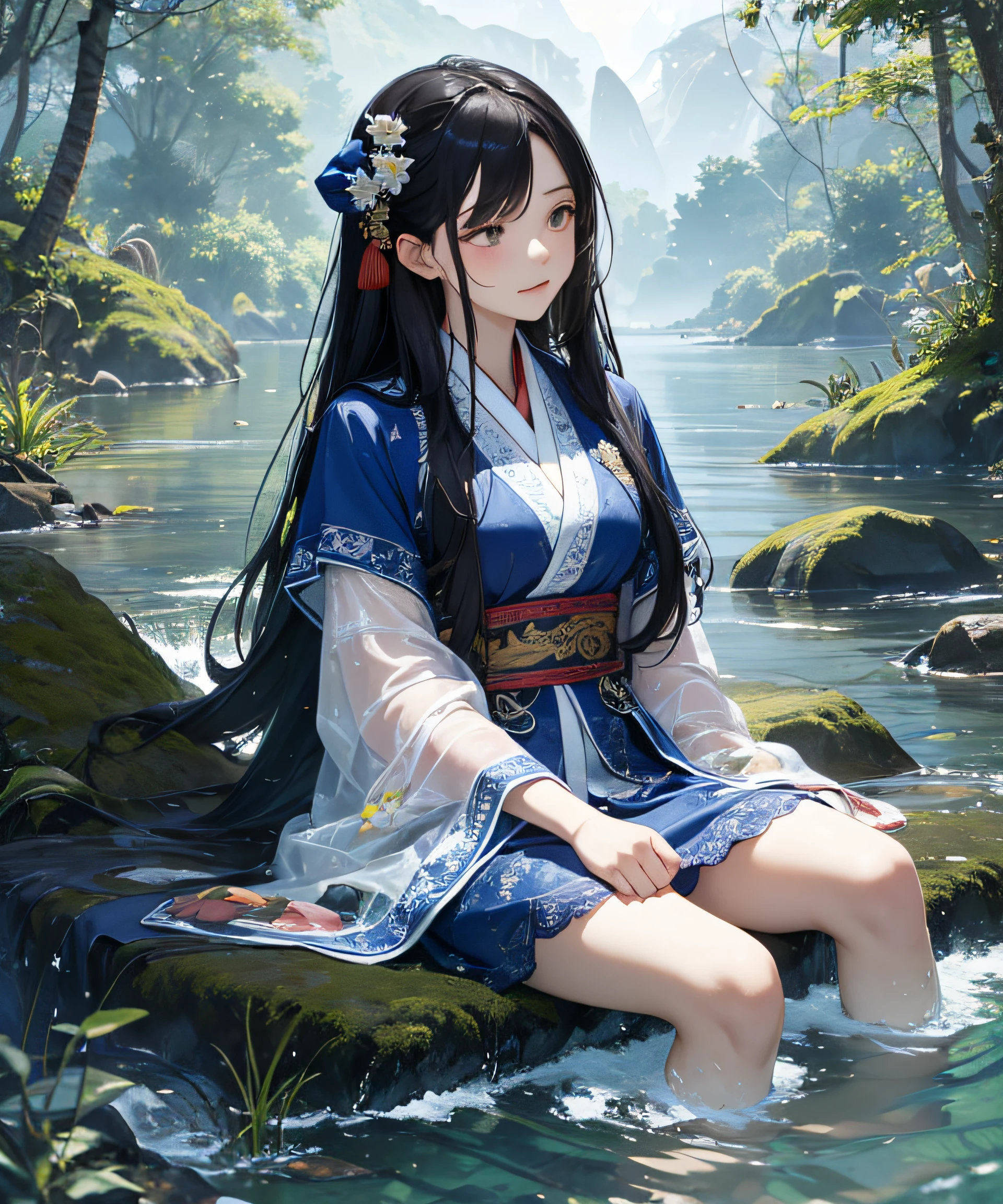 Masterpiece, atmosphere, Chinese style, mountain water, blue tones lace-style thin robe maiden sitting on a large rock fishing, extremely long black hair swept away by the wind and fish splashing on the surface of the water, 18 years old, sleepy cheerful, deep in the mountains and overgrown with trees