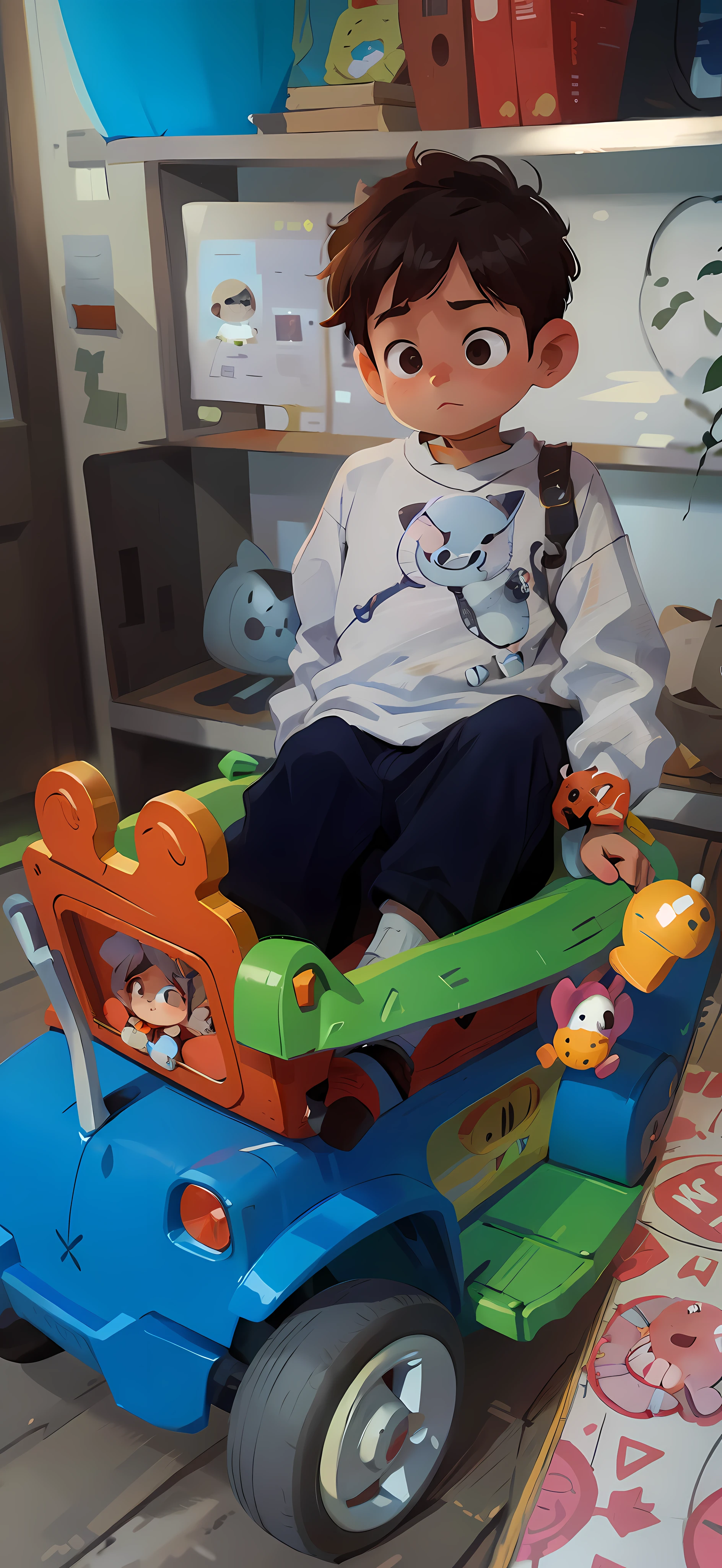 there is a small child that is sitting in a toy truck, trying to ride it, 2 years old, toy photo, really trying to ride it, driving in a little toy car, childrens toy, riyahd cassiem, children's toy, album photo, sitting in his highchair, illustration!, photo taken in 2 0 2 0, laica chrose