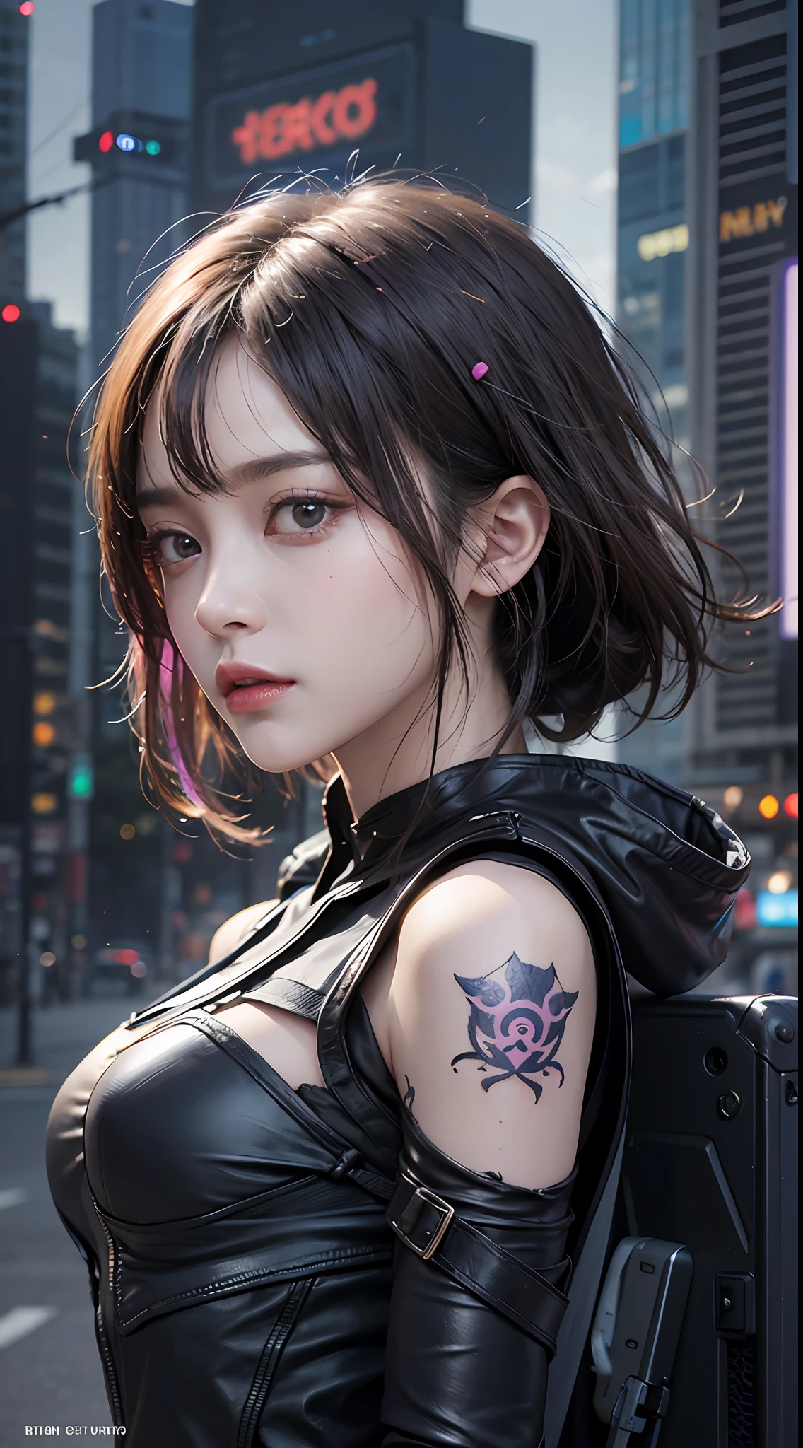 Masterpiece, 1 Beautiful Girl, Detailed Eyes, Swollen Eyes, Top Quality, Ultra Definition, (Reality: 1.4), Movie Lighting, Japan People, Asian Beauty, Korean, Very Beautiful, Beautiful Skin, Slender, Forward-Facing Body, (Ultra Realistic), (High Definition), (8K), (Very Detailed), (Best Illustration), (Beautifully Detailed Eyes), (Ultra Detail), (Wallpaper), Detailed Face, Bright Lighting, Professional Lighting, Look at the viewer, looking straight ahead, purple android suit, cyberpunk ruins in the background, lots of cords stretching from clothes, purple hair, small purple tattoos on the face,