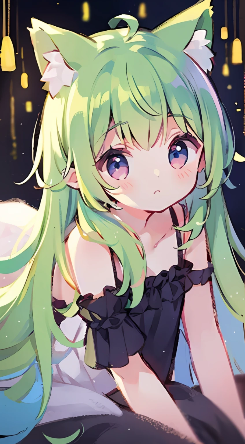 Top quality, masterpiece, super high resolution, pretty facial features, flat design, yellow theme,
One girl, light beige hair, indigo eyes, (sleepy eyes: 1.1), (cute yellow night dress), cute, one hand on face, bedtime, disheveled long hair, green hair, cat ears
(simple dark background), giant stars shining in the dark, bedroom, cure, ziyu,