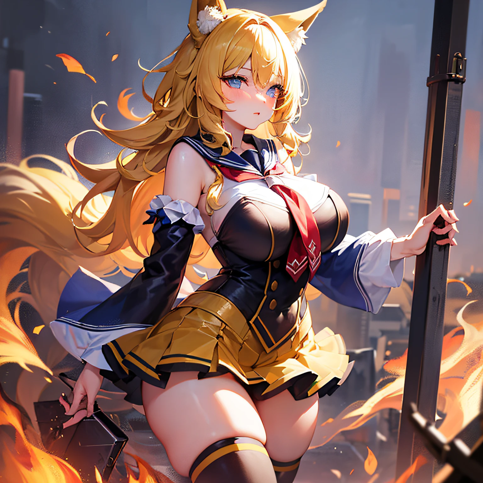 Absolutely beautiful fox girl, perfect slim body, mature royal sister face, yellow hair, large curly hair, sailor suit, sexy and seductive, beautiful face, full body portrait, standing pose, 4K picture quality, feminine expression, blush shyness, deep eyes, huge breasts, short skirt, battle fire magic. The bust is huge