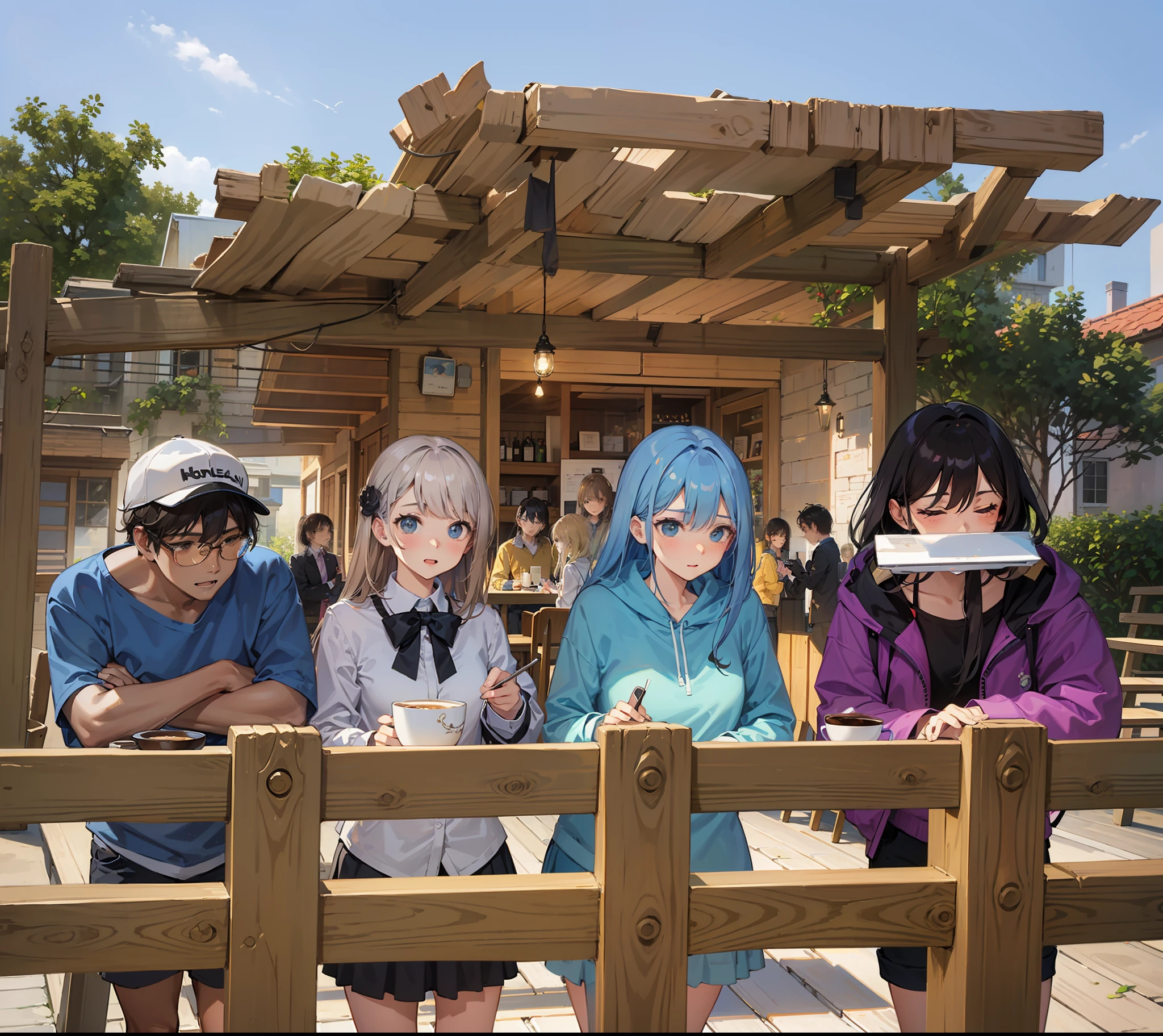 Masterpiece, four people, fence, roof, wooden floor, group photo, café