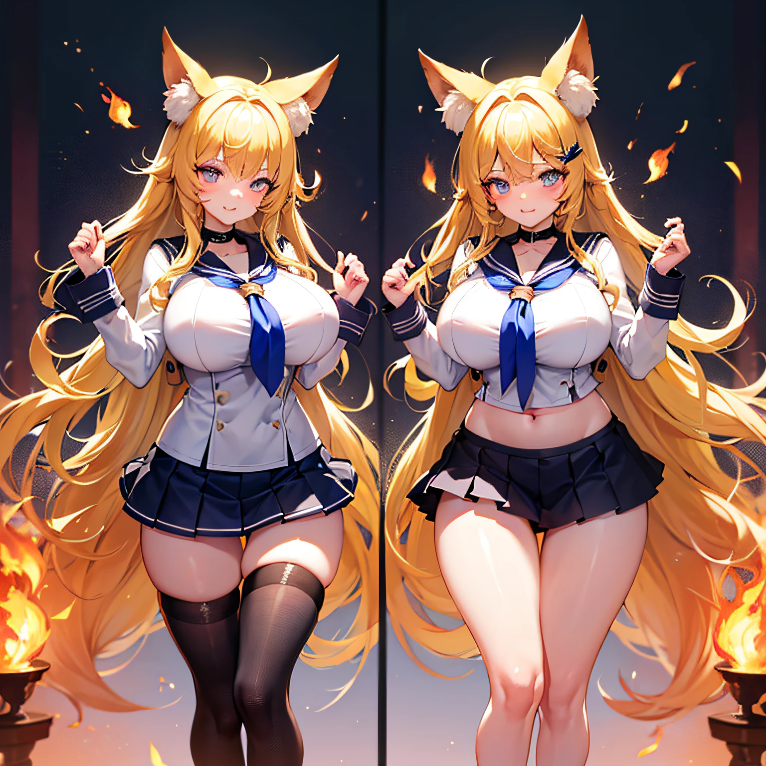 Absolutely beautiful fox girl, perfect slim body, mature royal sister face, yellow hair, large curly hair, sailor suit, sexy and seductive, beautiful face, full body portrait, standing pose, 4K picture quality, feminine expression, blush shyness, deep eyes, huge breasts, short skirt, battle fire magic. The bust is huge