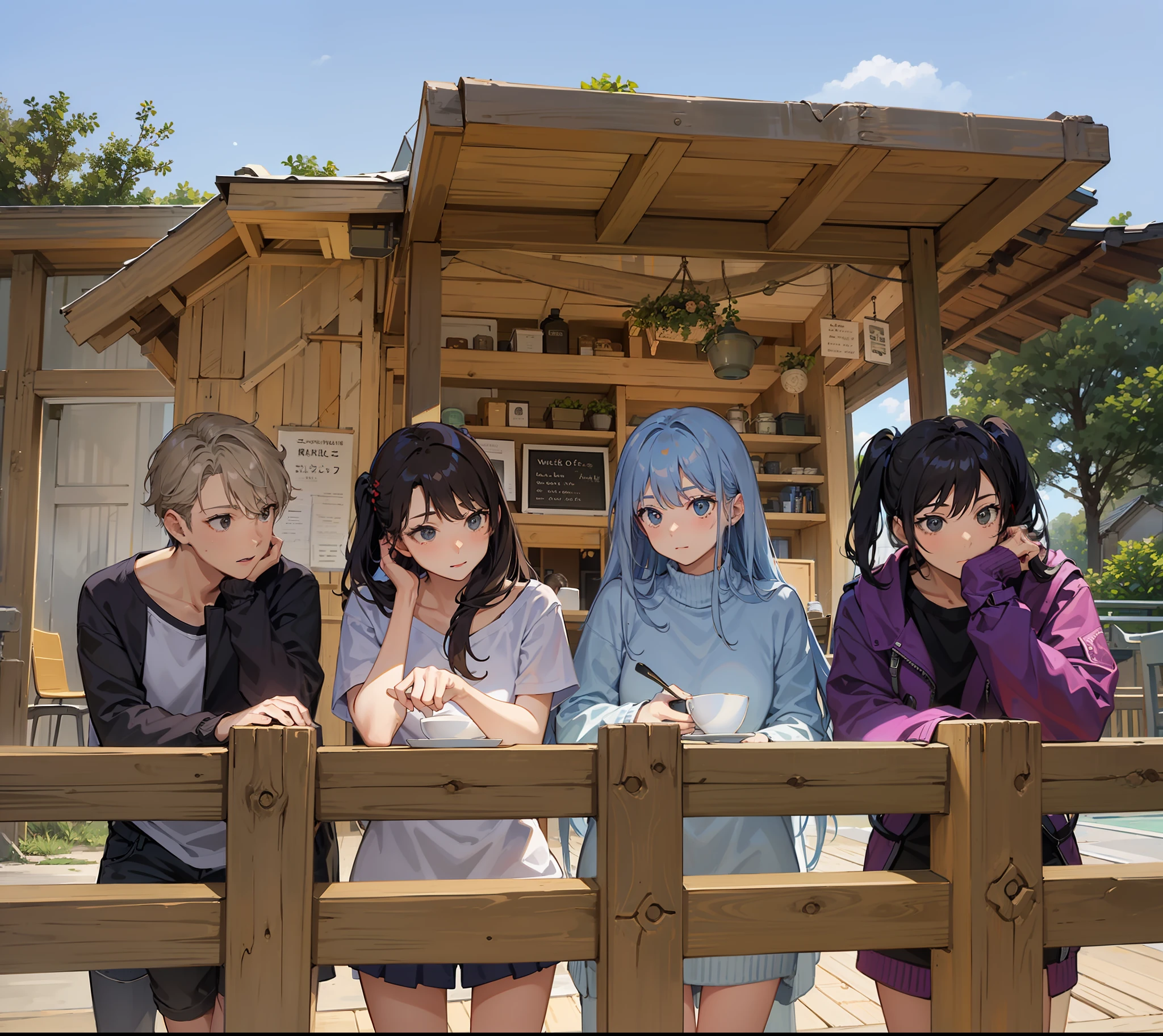 Masterpiece, four people, fence, roof, wooden floor, group photo, café