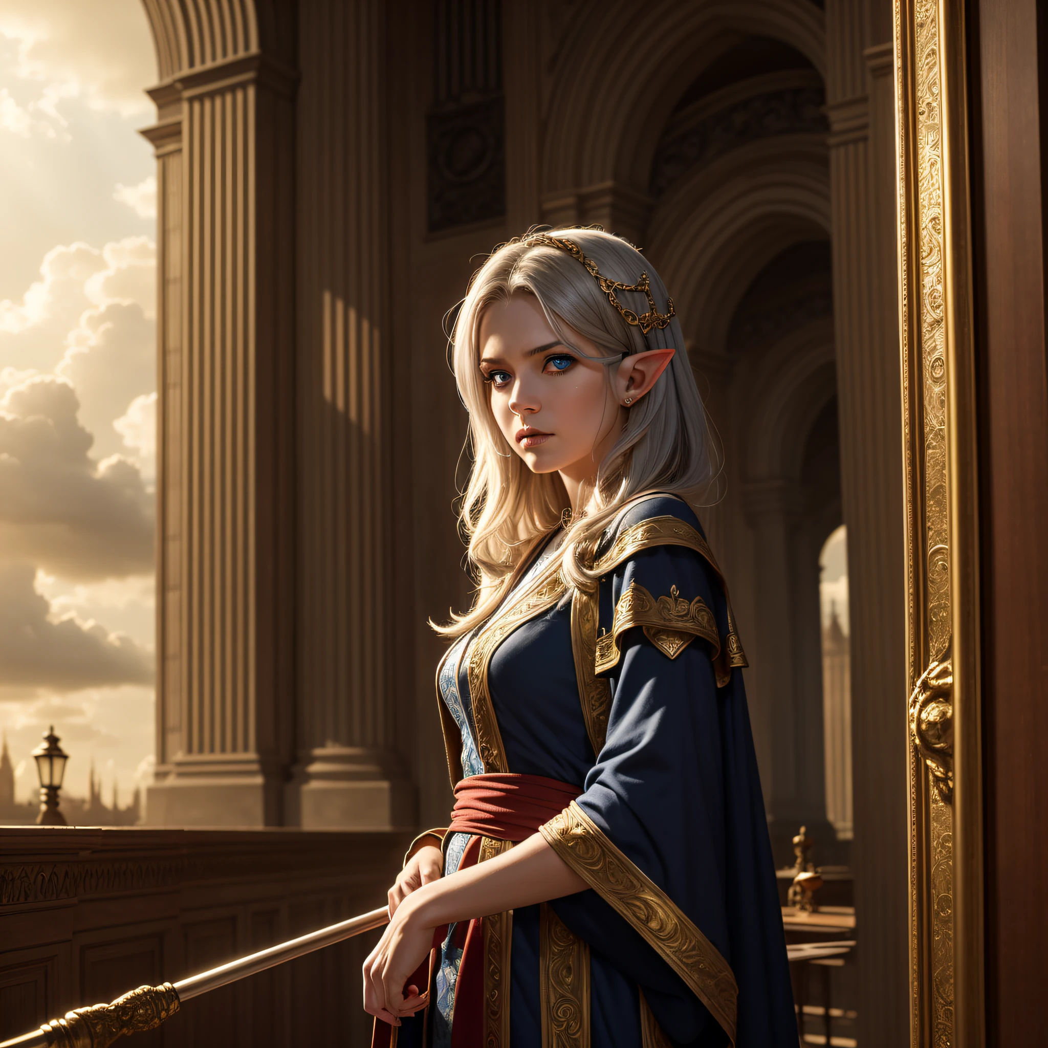 portrait, woman, half elf, old, standing in a library, leaning on a walking cane, grey hair, scar over right eye, wrinkles (intense details, dnd art, masterpiece), (intense details, dnd art, masterpiece), teacher, (intense details, dnd art, masterpiece), intense blue eyes, gold robe with red threads, flowing (intense details, dnd art, masterpiece), Gothic art, fantasy urban library, realism, optical illusion, backlight, clouds, in the background