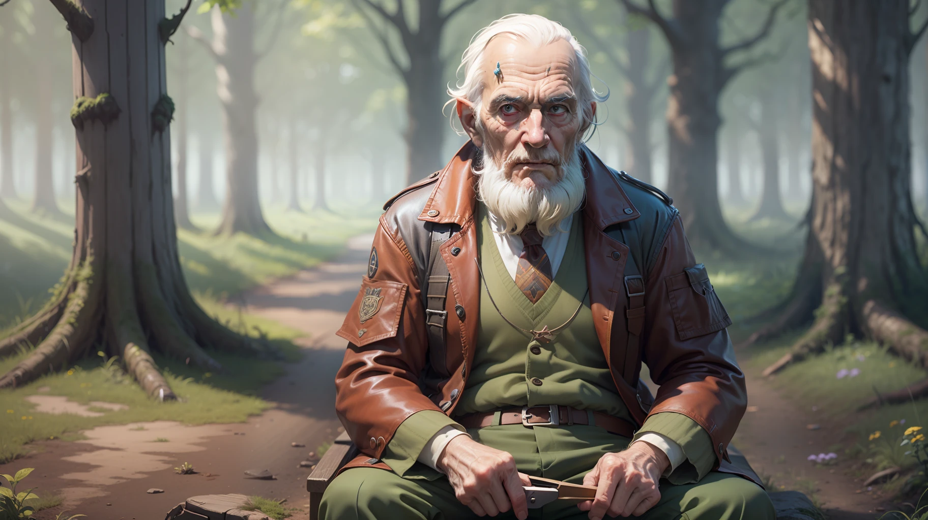 (extremely detailed CG unity 8k wallpaper, masterpiece, best quality, ultra-detailed) (better lighting, amazing ambience) (an old man in the woods)