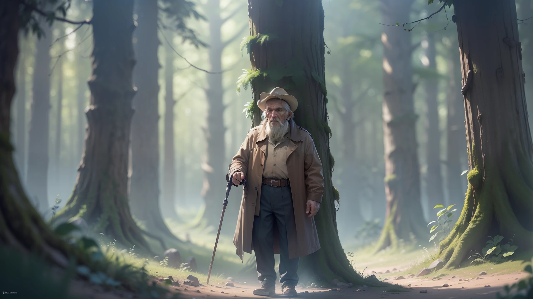 (extremely detailed CG unity 8k wallpaper, masterpiece, best quality, ultra-detailed) (better lighting, amazing ambience) (an old man in the woods)