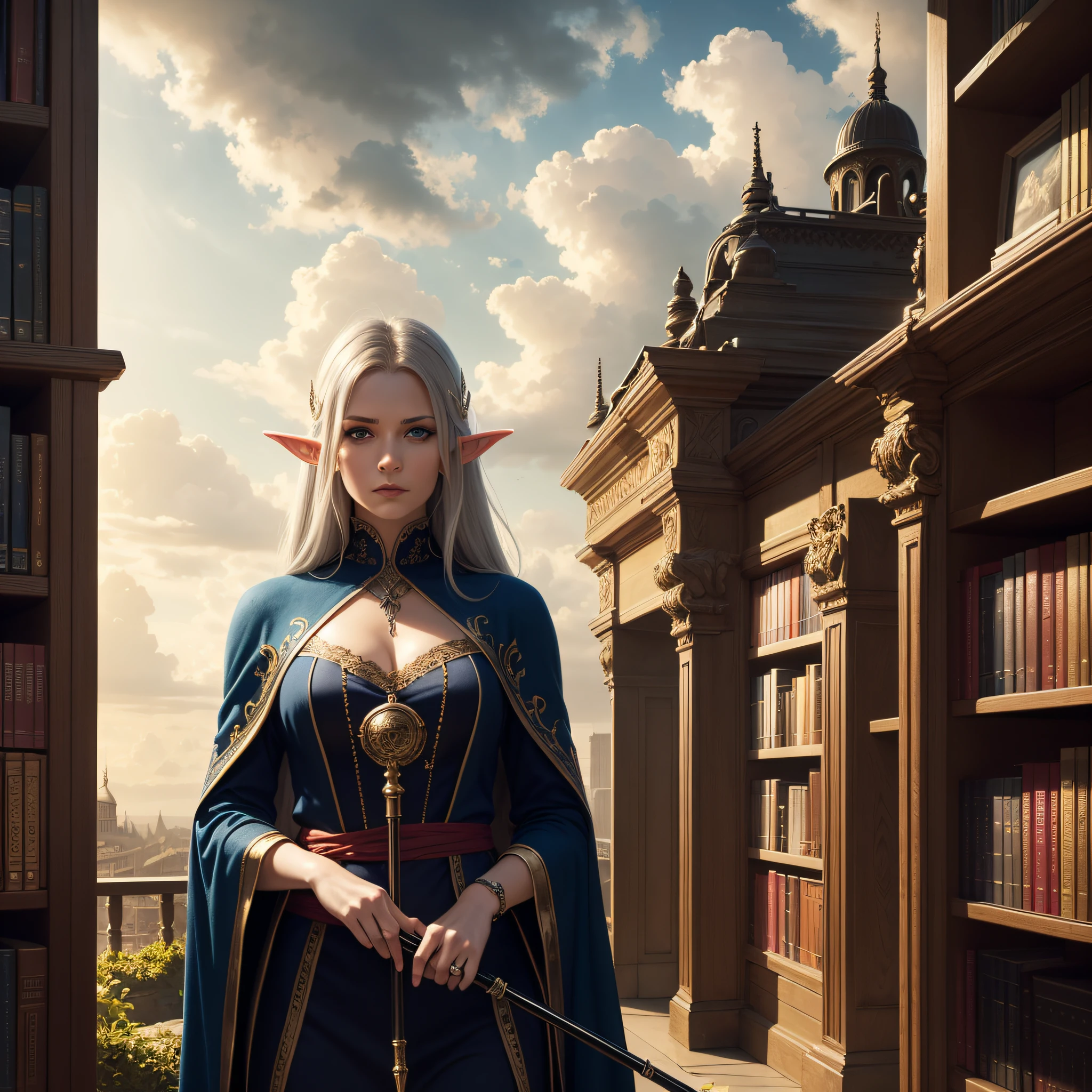 portrait, woman, half elf, old, standing in a library, leaning on a walking cane, grey hair, scar over right eye, wrinkles (intense details, dnd art, masterpiece), (intense details, dnd art, masterpiece), teacher, (intense details, dnd art, masterpiece), intense blue eyes, gold robe with red threads, flowing (intense details, dnd art, masterpiece), Gothic art, fantasy urban library, realism, optical illusion, backlight, clouds, in the background