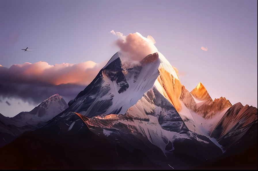 arafed mountain with a cloud in the sky and a plane flying by, himalayas, nepal, last light on mountain top, mountain sunrise, majestic mountains, beautiful mountains, ryan dyar, giant imposing mountain, breathtaking mountains, large mountain, gigantic mountains, breathtaking himalayan landscape, massive mountains, lpoty, high mountains, epic mountains, mountain, tall mountain, mountains
