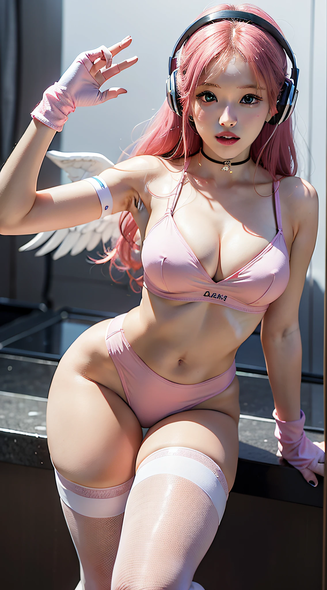 ((Masterpiece)), 1girl, transparent pink leotard, pink crop top, pink gloves, slatted tights, futuristic headphones, ((angelic face)), ((incredibly beautiful eyes)), angelic face, full body, multicolored hair (super sexy hair), (delicate and perfect hands), super delicate and sexy body, sexy pose, ((ulzzang)), super fine face, delicate features, ultra detailed, best quality, captivating beauty, sexy look, futuristic background, Teddies