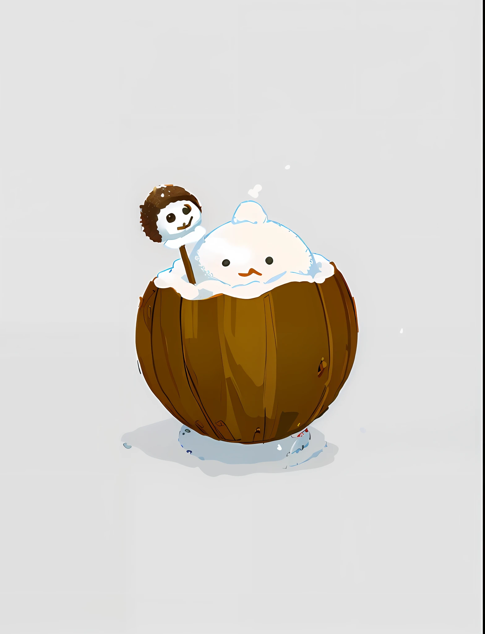 Masterpiece, best quality, simple background, best quality, masterpiece, 8k, 4k, extreme resolution, ultra-high resolution, minimalist art style, (flat painting: 1.15), brown half coconut shell, (little snowman on the left side of coconut shell: 1.55), (two snowmen on coconut: 1.15), (cute: 1.35), cartoon, (snowman on the right living in coconut shell: 1.55), wavy mouth,