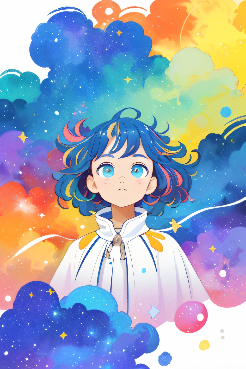 ((masterpiece)), (((best quality))), ((ultra-detailed)), ((illustration)),[realism light effect],shadow,(Fantasy style),(white background:1.6), simple background, (earth theme),(a cloak)[(hair focus,((1girl)),[(big slime hair): (cloud hair):0.3], (hair on background),(high saturation),(hair surrounded by galaxy splashes),)):((her hair is becoming galaxy clouds,:1.27628), (hair and clothes is galaxy clouds and cluster of stars:1.1025),(a cloak is becoming galaxy clouds)(colorful_galaxy_print_clusters_of_stars_print:1.35),((detailed starry sky with colorful galaxy and galaxy clouds):1.2)):0.35], (((masterpiece))),(((best quality))),((ultra-detailed)),(illustration),(dynamic angle),((floating)),(paint),((disheveled hair)),((beautiful detailed face)),collar,bare shoulders, ((colorful hair)),((streaked hair)),beautiful detailed eyes,(Gradient color eyes),(((colorful eyes))),(((colorful background))),(((high saturation))),(((surrounded by colorful splashes))),(((surrounded by colorful dot))),colorful bubble,((shining)),
