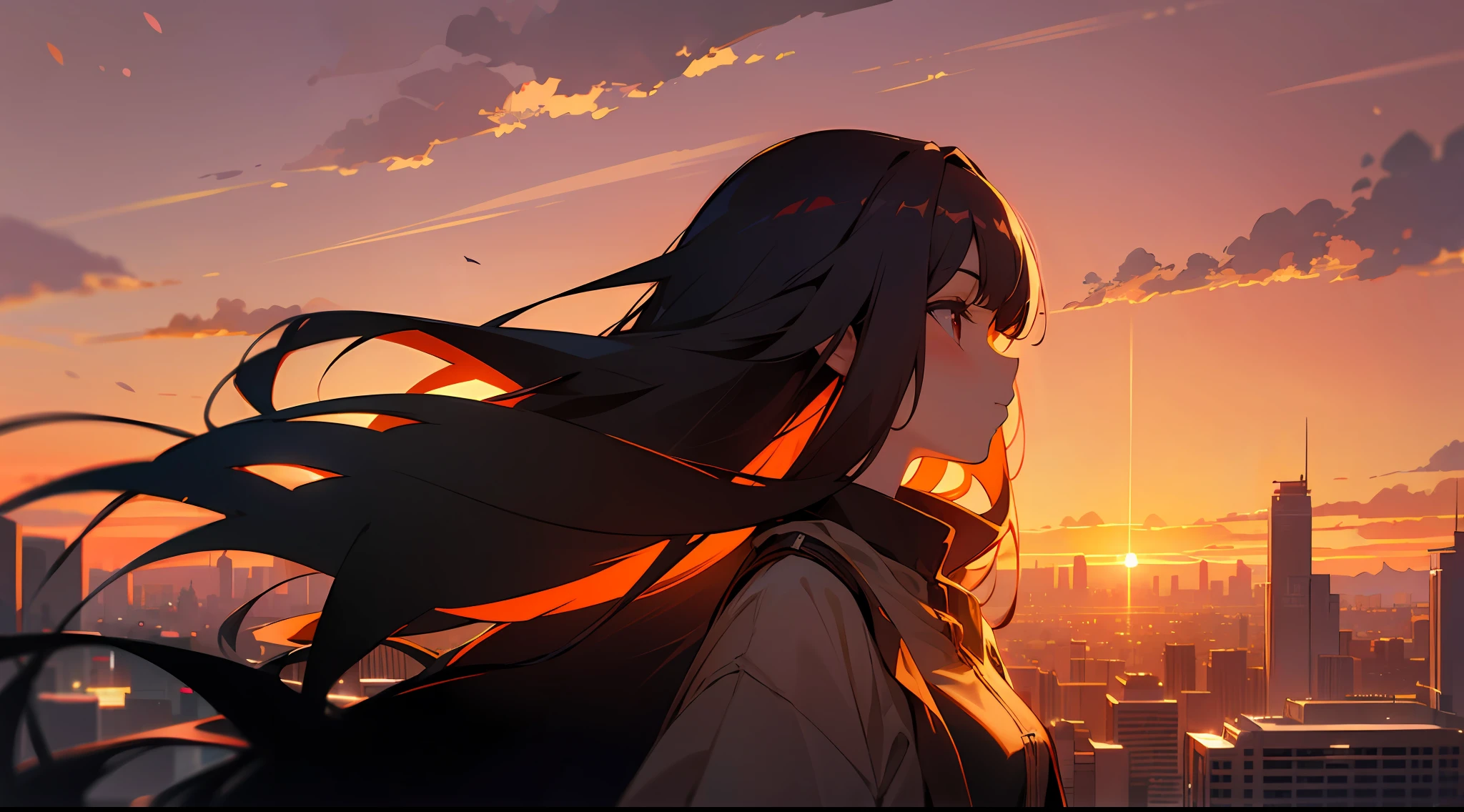Upper body, vista, a girl, long hair, standing, city, sunset, sunset, sunset