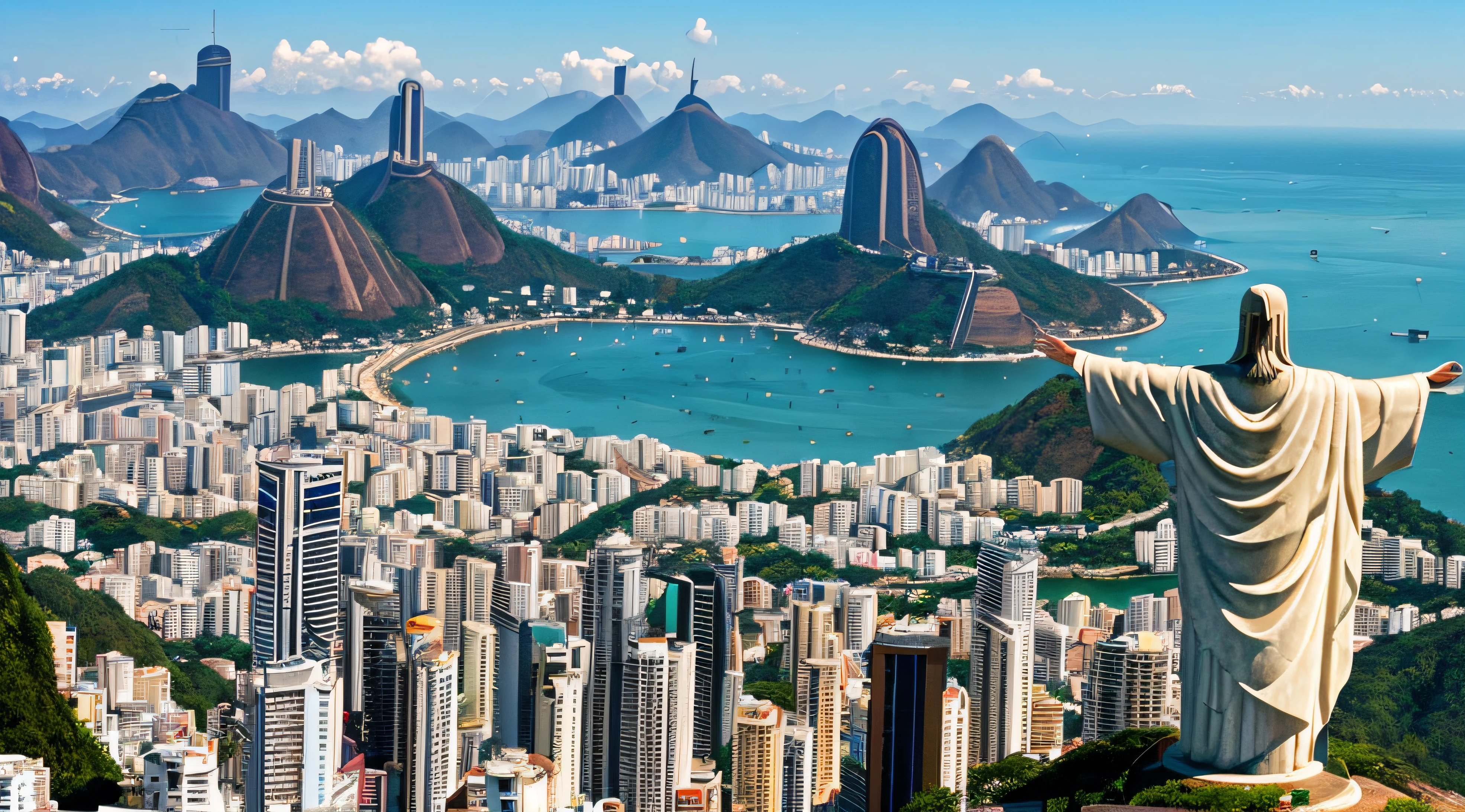 Rio de Janeiro , Brazil , Christ the Redeemer , different people dressed , different realistic cars , 16:9 , screen resolution 1080x1920 pixels , realistic image , masterpiece , sunny day, proper lighting , --auto