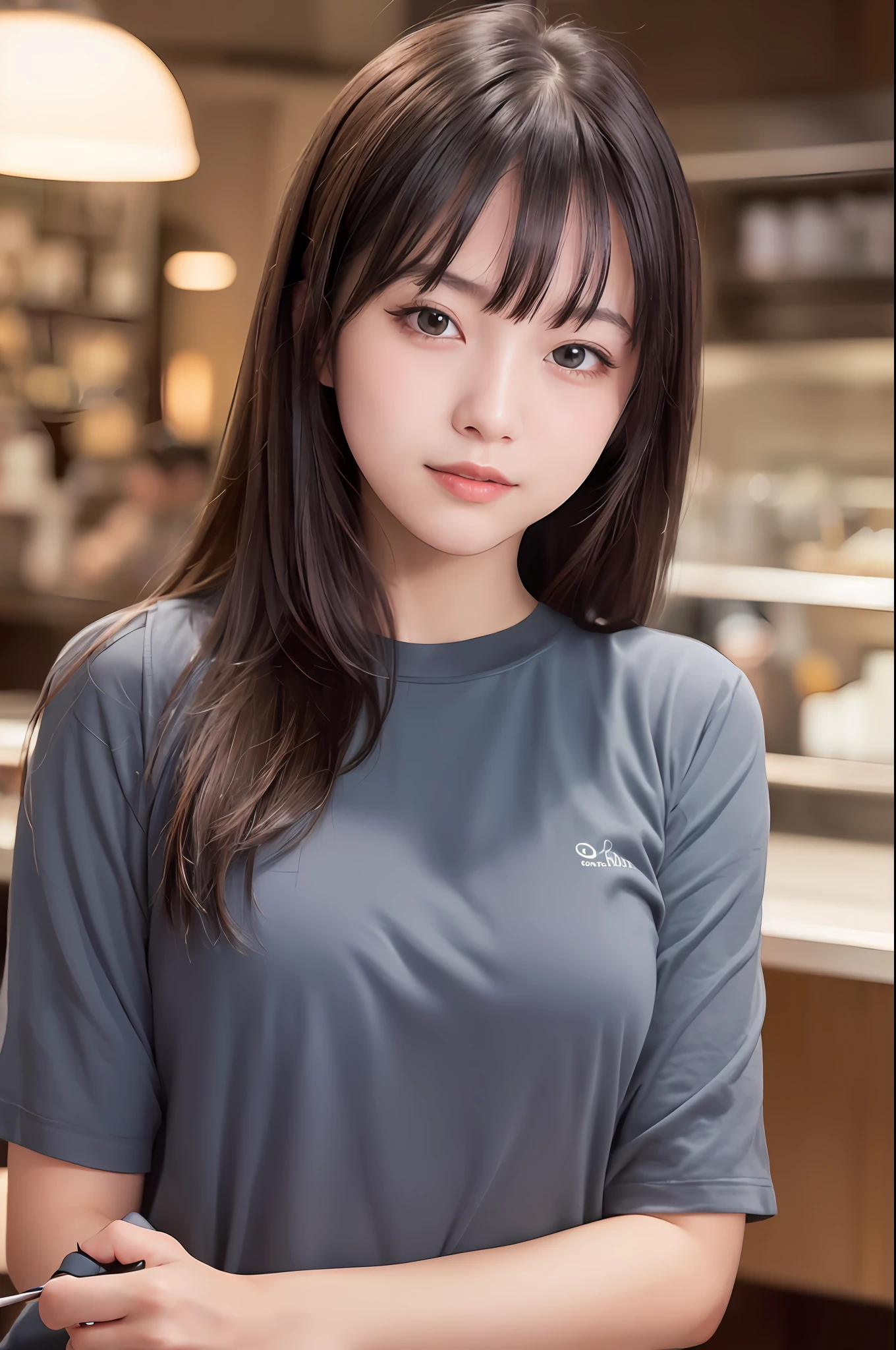 Dressed, (Photoreal: 1.4), (Hyperrealistic: 1.4), (Realistic: 1.3), (Smooth Lighting: 1.05), (Improved Cinematic Lighting: 0.9), 32K, 1 Girl, 20 Year Old Girl, Realistic Lighting, Backlit, Face Light, Ray Racing, Restaurant, Eating Meat, (Whitening Light: 1.2), ( Image Improvement: 1.4), (Best Image Quality Real Skin: 1.4), Fine Eyes, Fine Face, Fine Eyes, (Joy, Blush), (Tired and Sleepy Rough Shirt, (Body Line Mood Increase: 1.1), (Skin Texture Beauty Increase: 1.1)