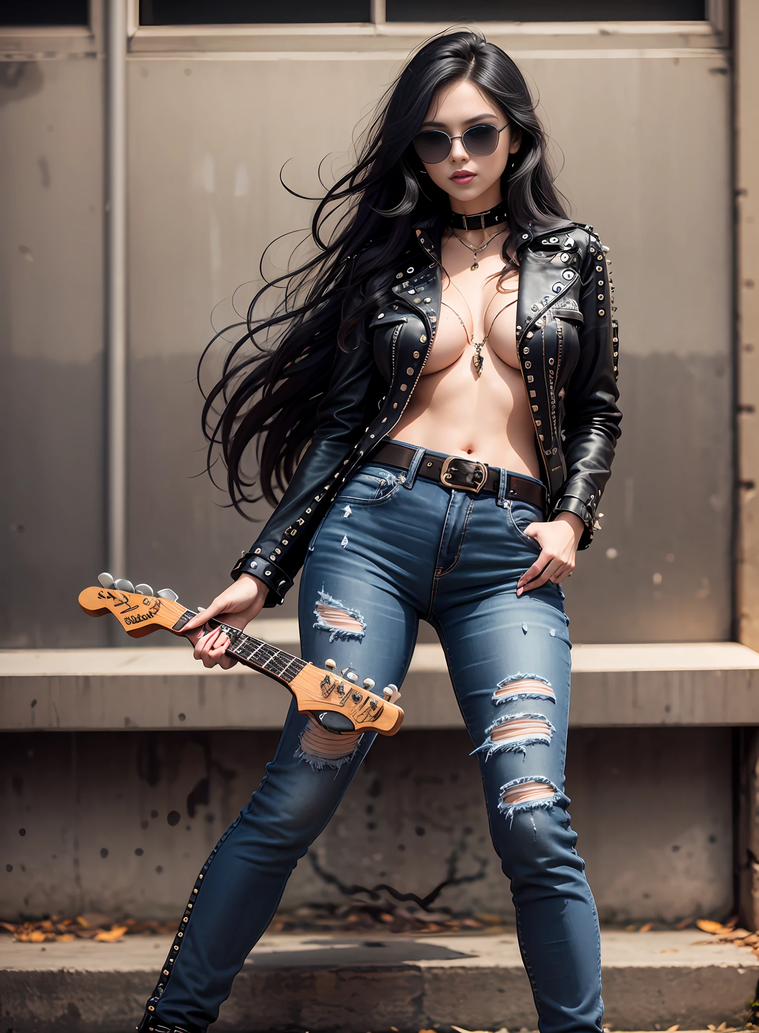 80s European Woman Metal Singer, long black hair, sunglasses, big chest, dark jeans, rivets, pants, belts, plays white and black guitar. full body.