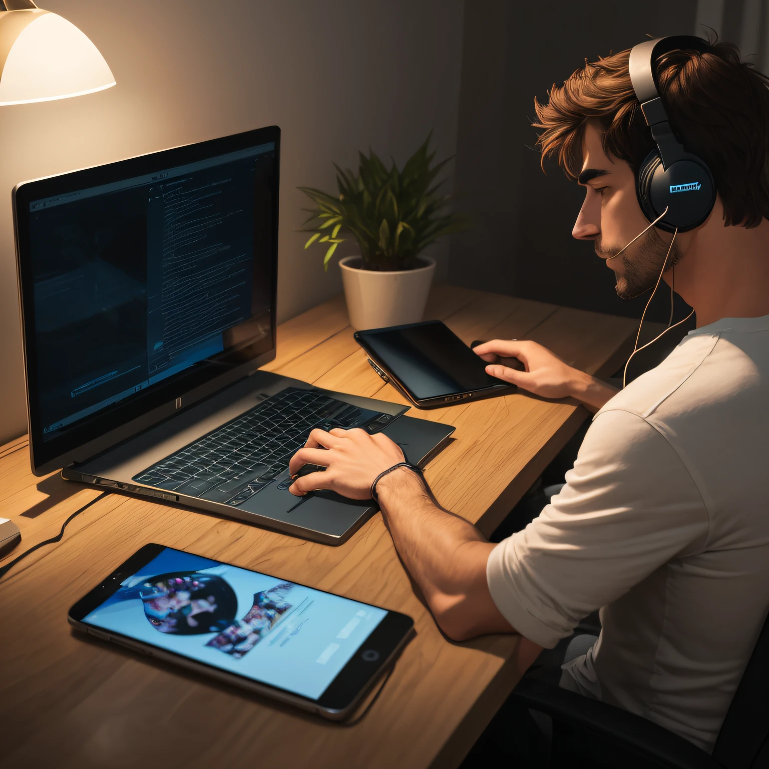 "Illustration of a music artist named ReelRythms in a cozy environment filled with technology. He is wearing a casual striped t-shirt and is deeply engrossed in his work on a computer screen. His attention is split between his phone and the computer, as he wears headphones and looks intently at the screens. His focus is further accentuated by the close-up view of his hair and prominent eyebrows. His hand rests on the laptop, indicating his involvement and interaction with the digital world. A cat sitting on a nearby chair adds an element of domesticity and relaxation to the scene, balancing out the man's busyness. The room is well-lit, providing a comfortable environment for the man to engage in his digital pursuits." Vectorial Pixel --auto