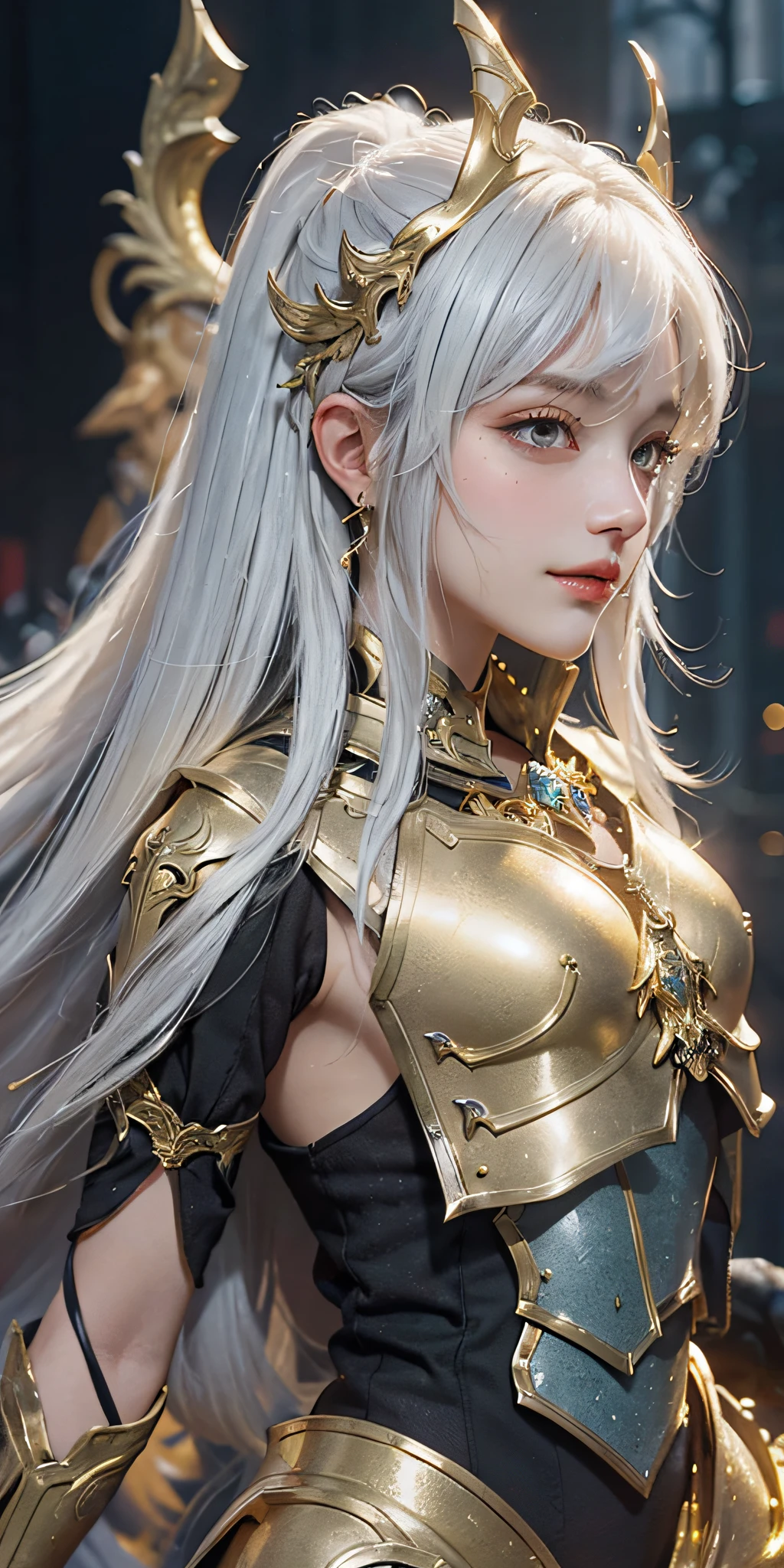 A girl in armor holds a golden sword, a close-up of golden heavy armor. Dramatic, stunning armor, golden armor, detailed fantasy armor, black and gold armor, long white hair, delicate face, gorgeous jewelry, slender legs, smile, beautiful armor, golden armor, fantasy armor, intricate golden armor, golden armor, fantasy warrior in full armor, smooth golden armor, very stylish fantasy armor, black gold armor, light gold armor