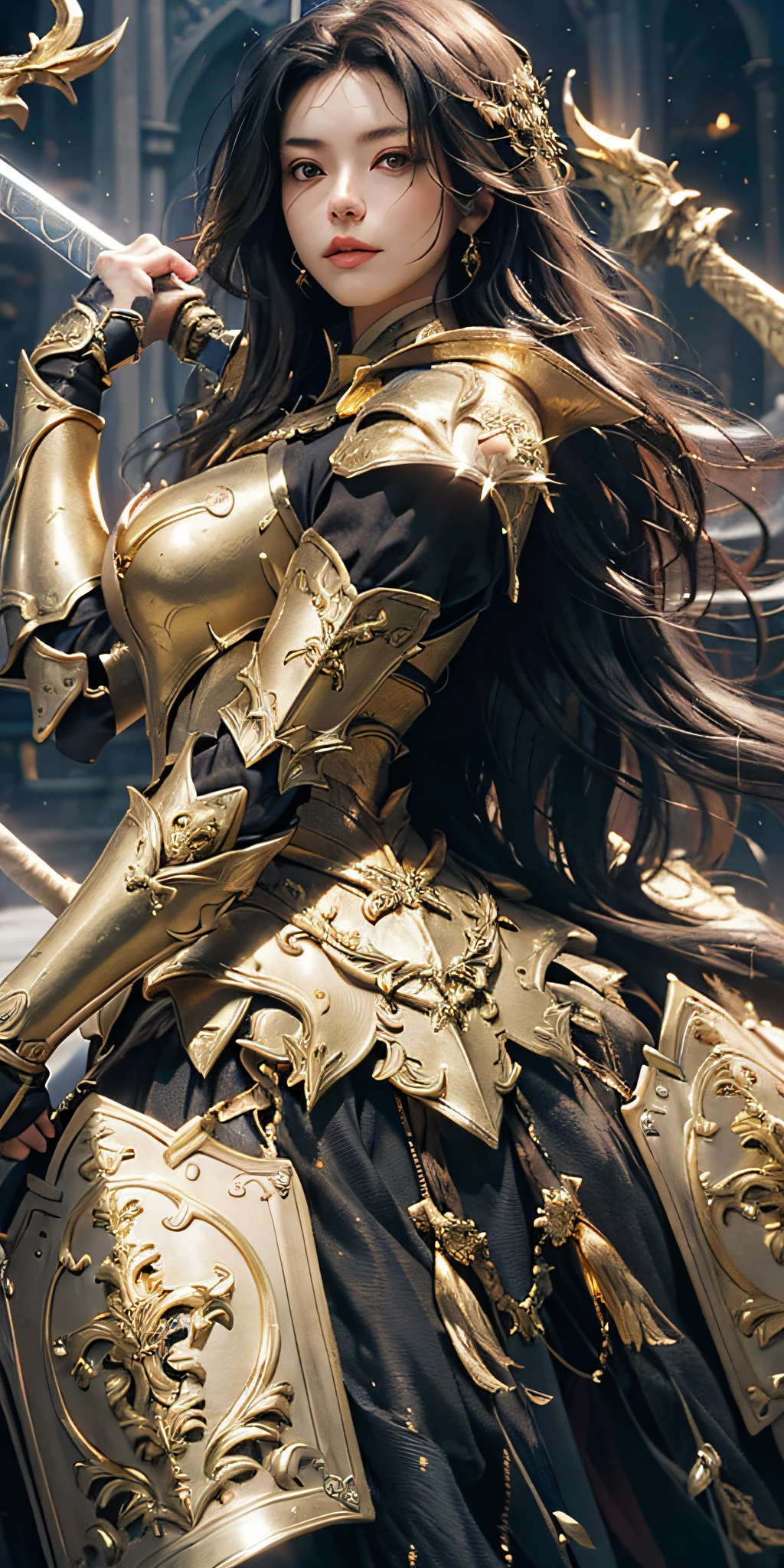 A girl in armor holds a golden sword, a close-up of golden heavy armor. Dramatic, stunning armor, golden armor, detailed fantasy armor, black and gold armor, beautiful armor, golden armor, fantasy armor, intricate golden armor, golden armor, full armor of fantasy warrior, smooth golden armor, very stylish fantasy armor, black and gold armor, light gold armor