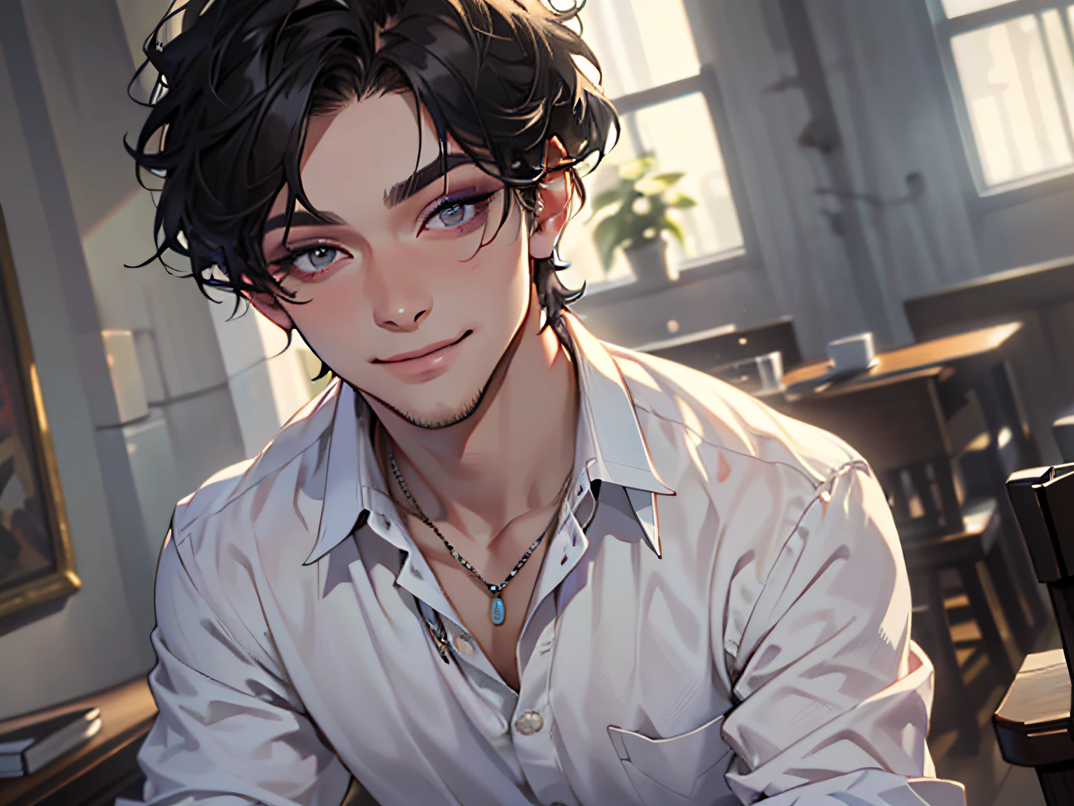(A boy in a white shirt and short black hair standing in the room looking at the camera: 1.5) (holding a mobile phone: 1.4) (eyes open: 1.3) (hands spread: 1.5) (exquisite jewelry, makeup handsome, handsome, temperament: 1.5) (smiling expression on the face: 1.5), masterpiece, masterpiece,