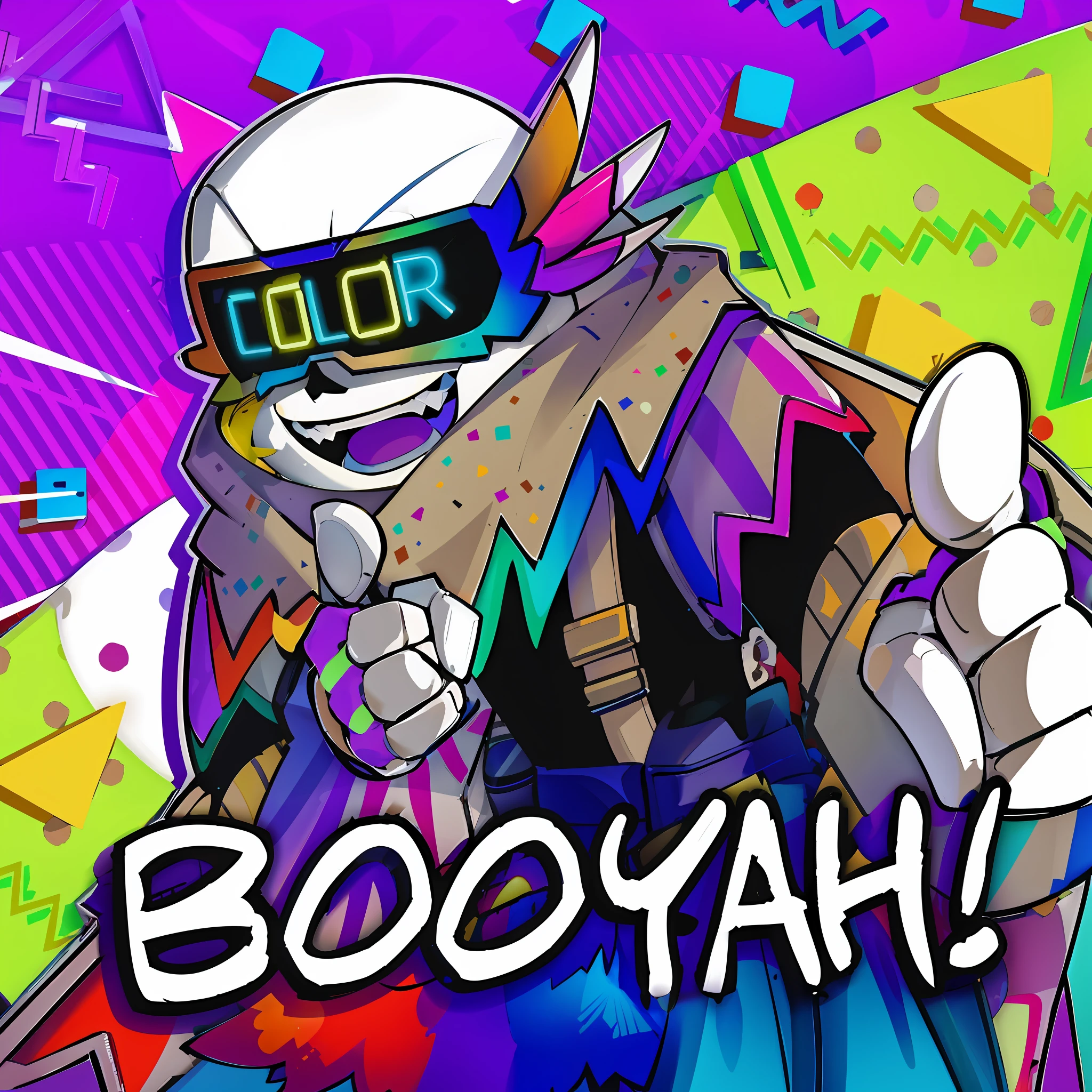 cartoon image of a robot with a boomboard and a hat, oh yeah, official artwork, art in the style of joshy sly, digital art. colorful comic, hyper colorful, varguyart style, booru, official artwork hdr, with splatoon style, cool background, [ synthwave art style ]!! ]!!, vibrant fan art, eboy