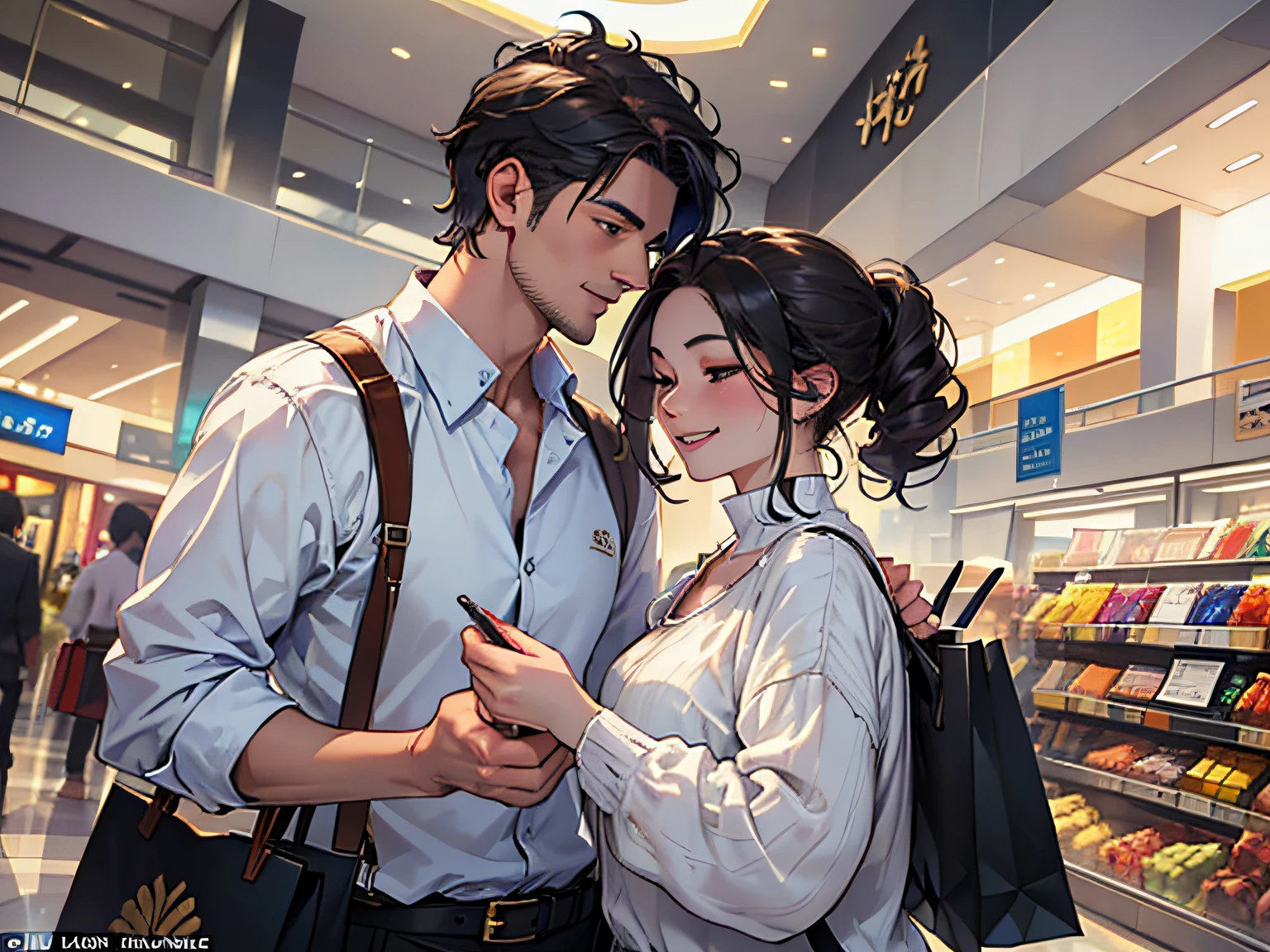 (In the bustling mall, a middle-aged man wearing a white shirt and short black hair and a middle-aged woman in a white shirt are shopping: 1.5) (Holding a bag in his hand: 1.4) (Opening his eyes: 1.3) (Hands spread: 1.5) (Exquisite jewelry, makeup handsome, handsome, temperament: 1.5) (Smiling expression on his face: 1.5) Golden flash, epic style, blue magic array, golden point of light, blue magic array, fairy air floating in the air, masterpiece, masterpiece,