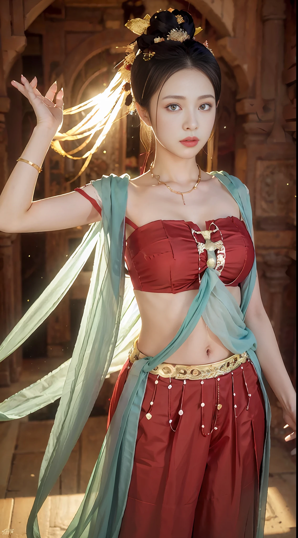 (8k, RAW photo, best quality, masterpiece:1.2), (realistic, photo-realistic:1.4), (extremely detailed CG unity 8k wallpaper), (1 girl:1.5), Western beauty, (Red clothes: 1.4), red spots on forehead, pale skin, blush, big eyes, full body, thighs, open navel, gold waist chain, gold ornaments, flying ribbons, particles, background is Loulan ancient city, ancient city walls, desert, dance, dunhuang_dress, dunhuang_style, unparalleled masterpiece, perfect artwork, ((perfect female figure)), short hair, blonde hair, thin, realistic, solo, (Realism: 1.4), Best Quality, Ultra High Resolution, Porcelain, Kpop ido, Full Body, Grey Cardigan, (C Cup), Beautiful, Masterpiece, Best Quality, Very Detailed Face, Perfect Lighting, Solo, Plain Makeup, Best Quality, Ultra High Resolution, (Realistic:1.4), Ultra Detailed, Masterpiece, Best Quality, 👍 Ulzzang -6500-v1.1