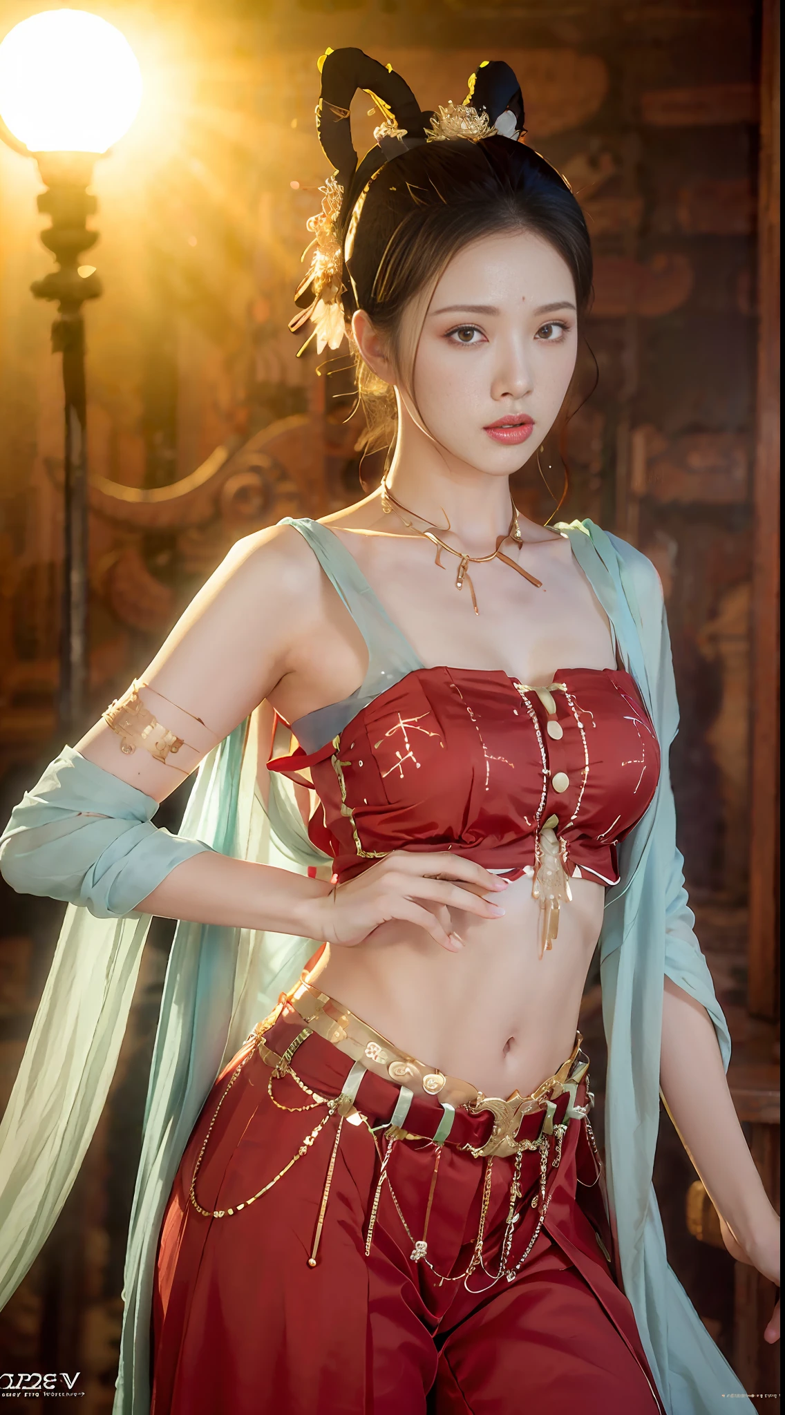 (8k, RAW photo, best quality, masterpiece:1.2), (realistic, photo-realistic:1.4), (extremely detailed CG unity 8k wallpaper), (1 girl:1.5), Western beauty, (Red clothes: 1.4), red spots on forehead, pale skin, blush, big eyes, full body, thighs, open navel, gold waist chain, gold ornaments, flying ribbons, particles, background is Loulan ancient city, ancient city walls, desert, dance, dunhuang_dress, dunhuang_style, unparalleled masterpiece, perfect artwork, ((perfect female figure)), short hair, blonde hair, thin, realistic, solo, (Realism: 1.4), Best Quality, Ultra High Resolution, Porcelain, Kpop ido, Full Body, Grey Cardigan, (C Cup), Beautiful, Masterpiece, Best Quality, Very Detailed Face, Perfect Lighting, Solo, Plain Makeup, Best Quality, Ultra High Resolution, (Realistic:1.4), Ultra Detailed, Masterpiece, Best Quality, 👍 Ulzzang -6500-v1.1