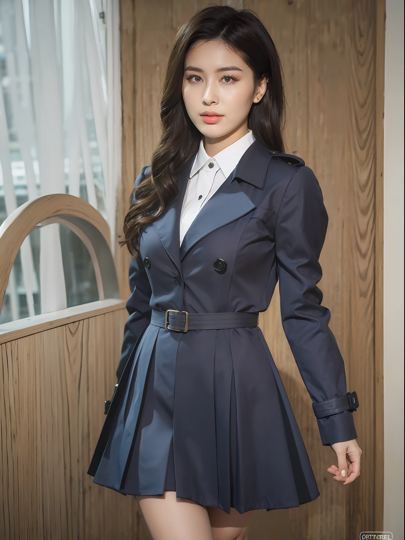 a woman wearing a black trench coat and jeans, tumblr, pleated skirt, 🎀 🧟 🍓 🧚, wearing a cocktail dress, detailed dress and face, on the tennis coat, officer, gorgeous features, satin, ekaterina, laced dress, 360*