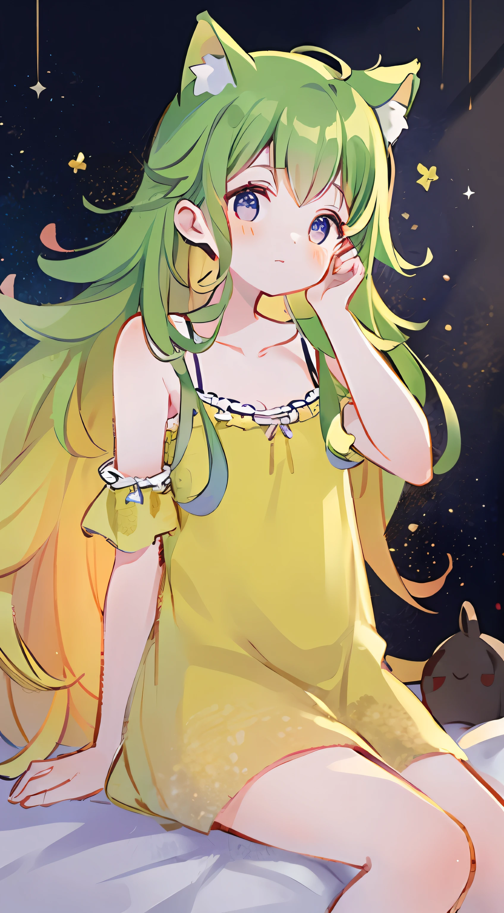 Top quality, masterpiece, super high resolution, pretty facial features, flat design, yellow theme,
One girl, light beige hair, indigo eyes, (sleepy eyes: 1.1), (cute yellow night dress), cute, one hand on face, bedtime, disheveled long hair, green hair, cat ears
(simple dark background), giant stars shining in the dark, bedroom, cure, ziyu,
