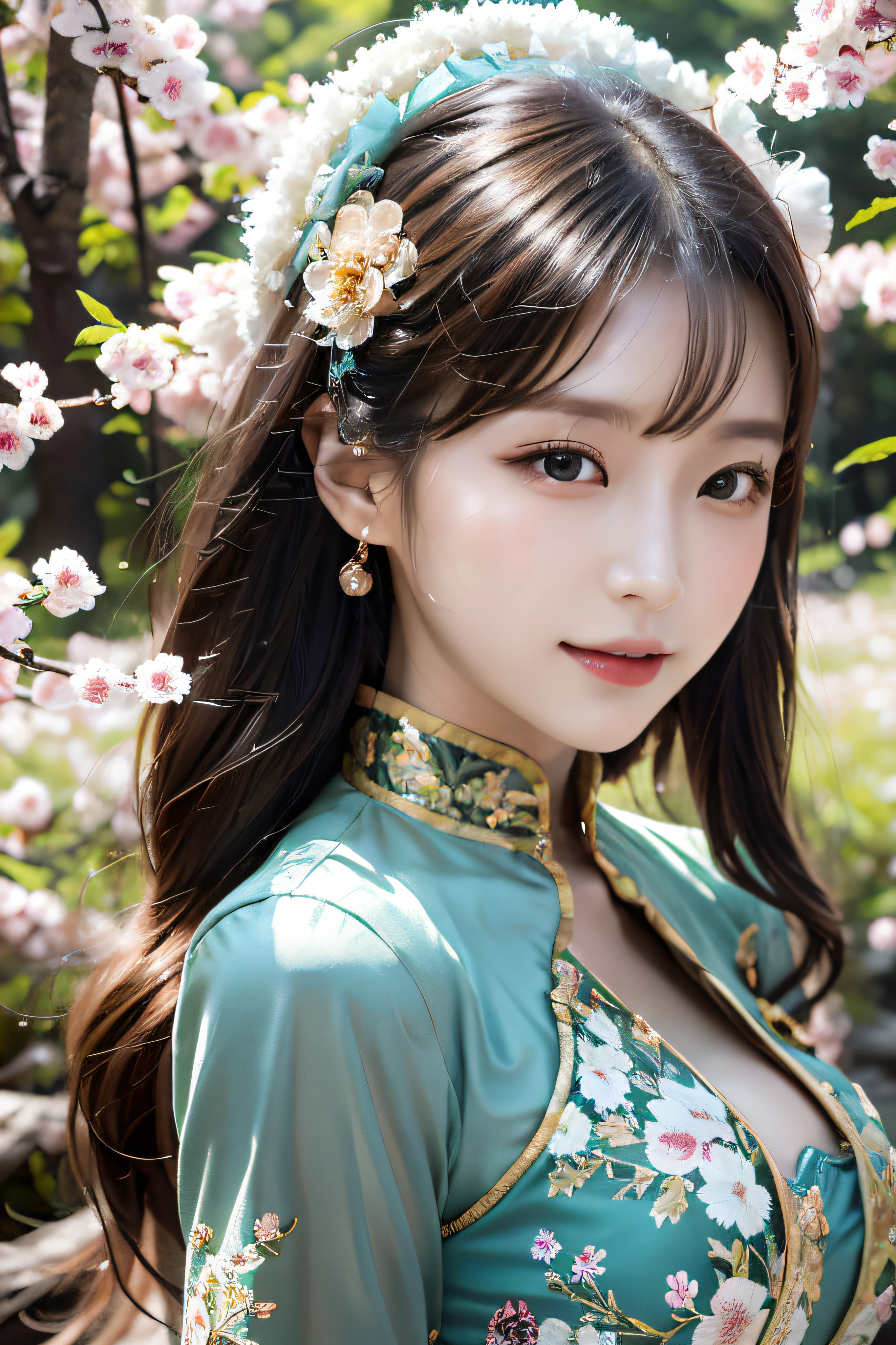 an elegant chinese girl inside the spring forest,delicate face,oval face,Peerless beauty,chinese costume,dynamic pose, tilted composition colorful